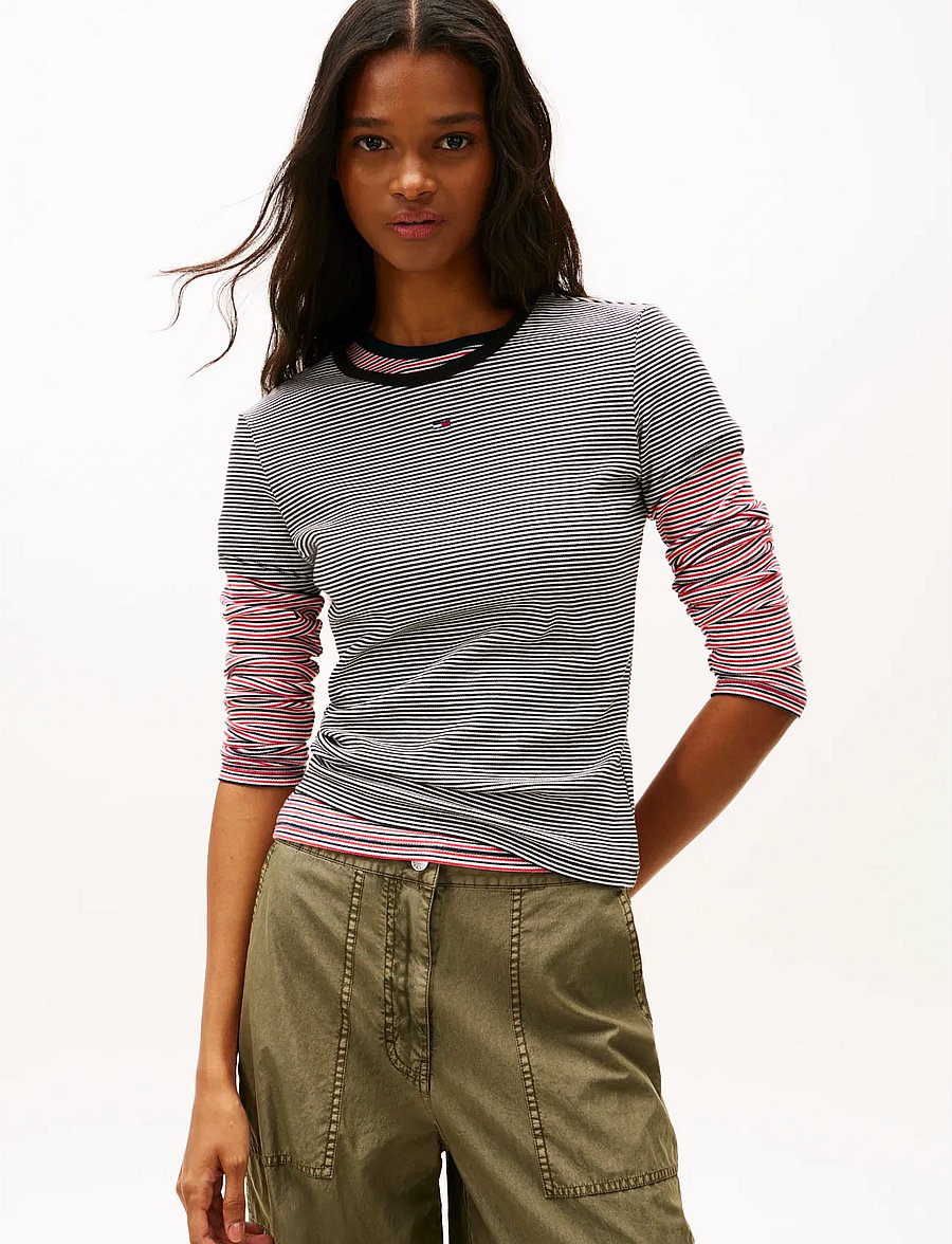 Tommy Jeans - TJW SLIM ESSENTIAL RIB SS EXT - t-särgid - black white stripe - 0