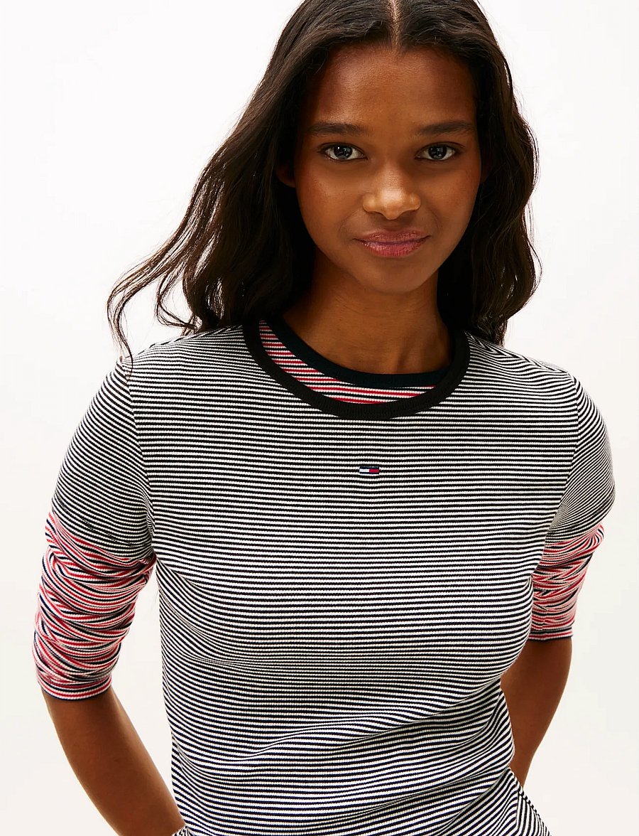 Tommy Jeans - TJW SLIM ESSENTIAL RIB SS EXT - t-särgid - black white stripe - 4