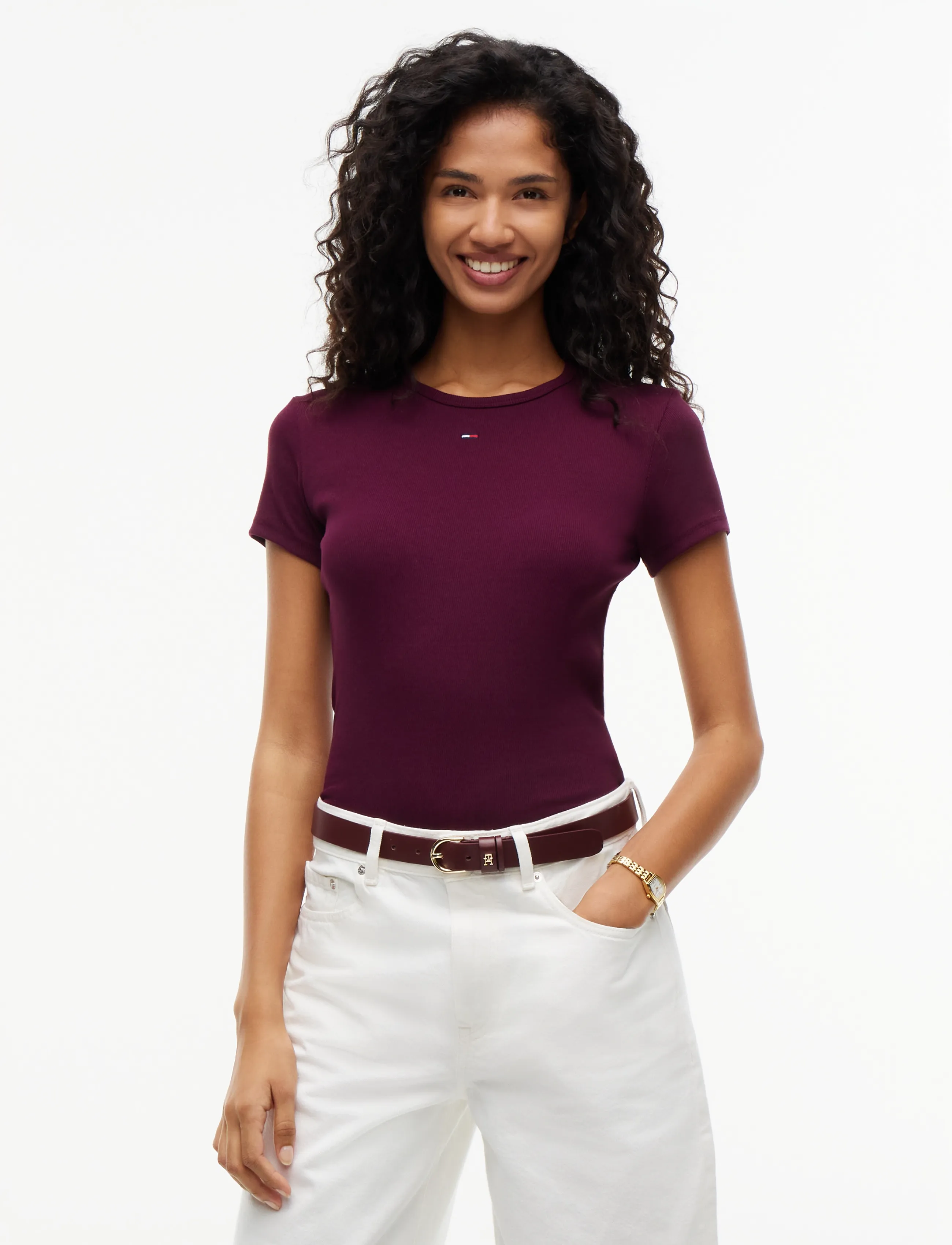 Tommy Jeans TJW SLIM ESSENTIAL RIB SS EXT - Tommy Hilfiger - CALYPSO BERRY / burgundy