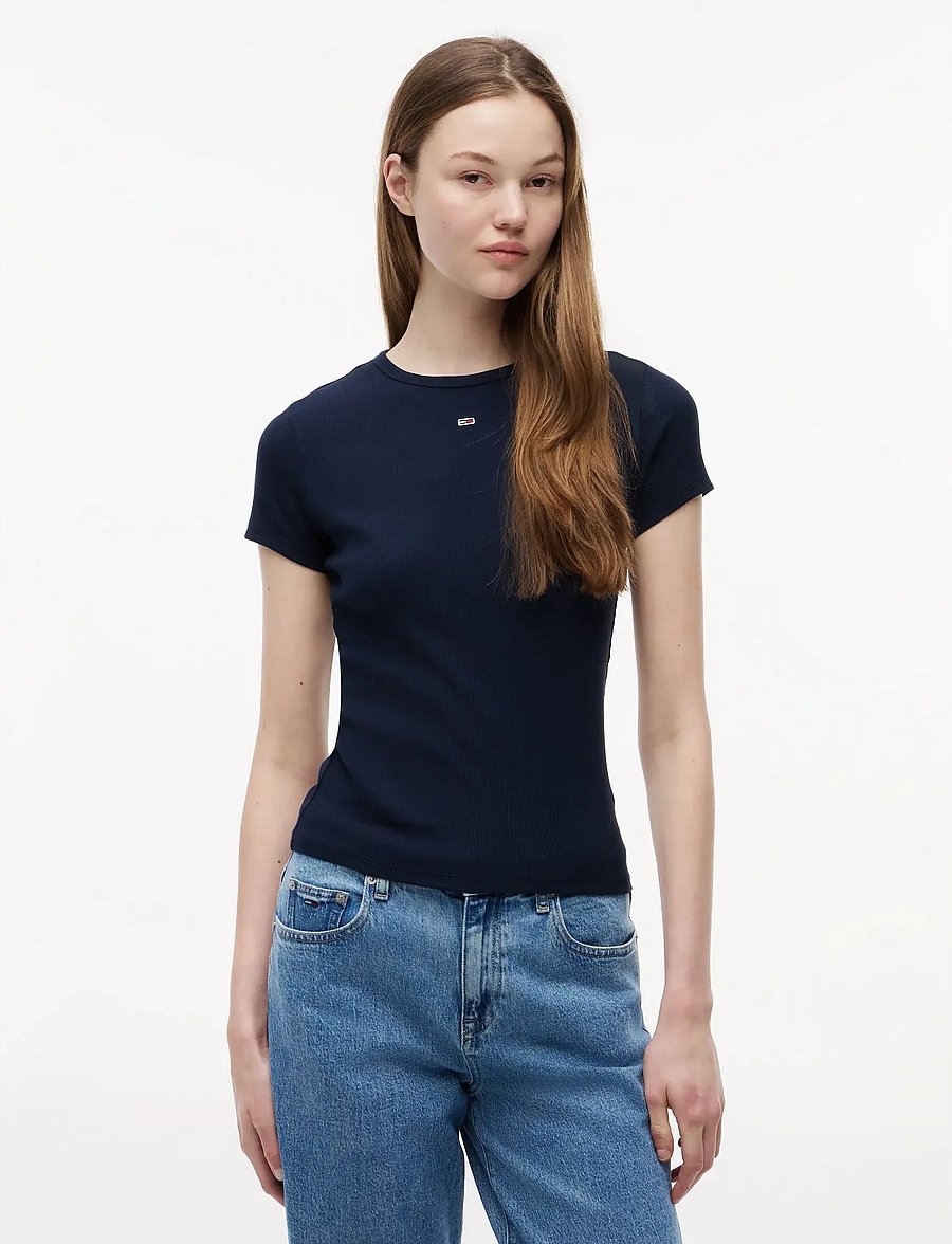 Tommy Jeans - TJW SLIM ESSENTIAL RIB SS EXT - t-shirts - dark night navy - 0