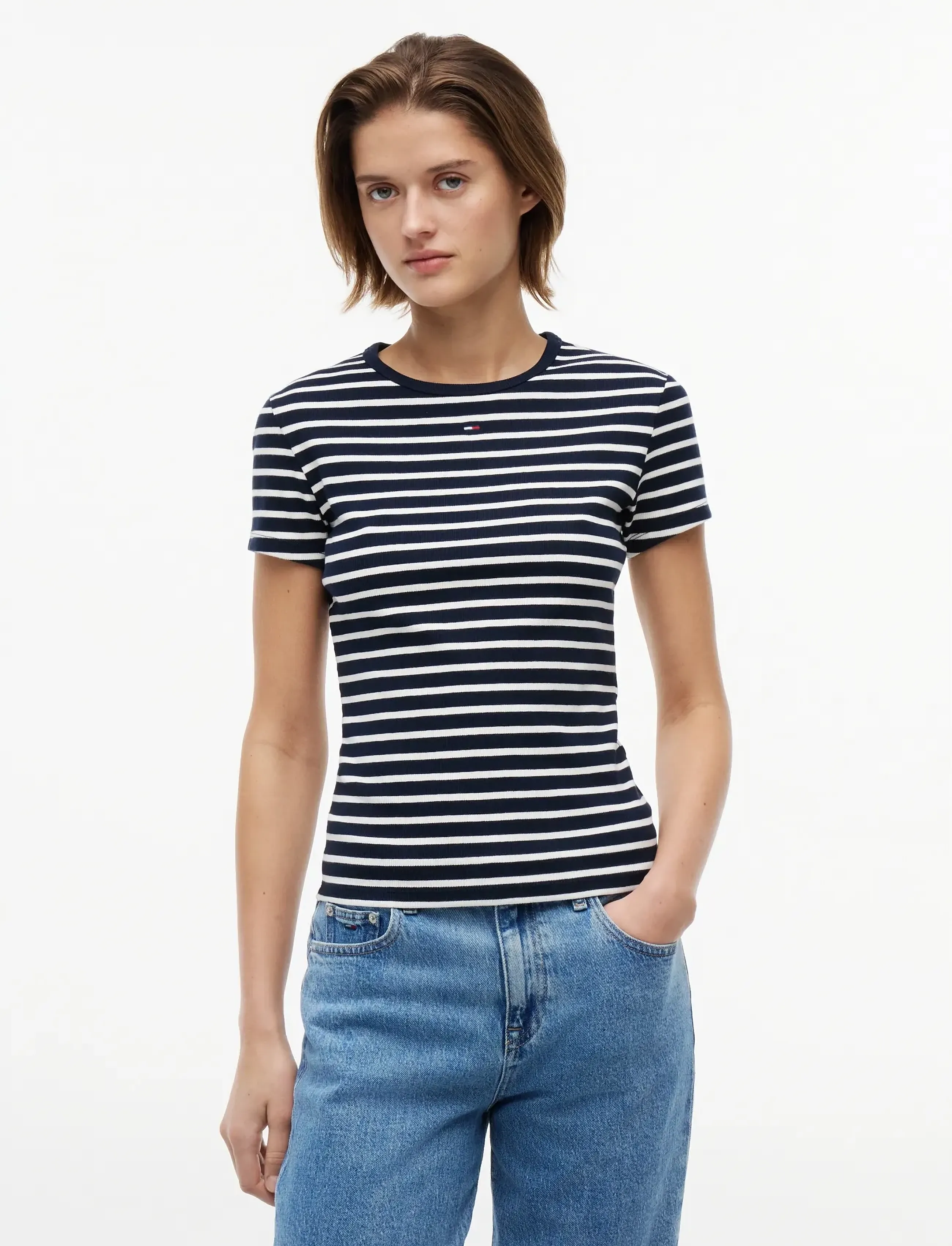 Tommy Jeans TJW SLIM ESSENTIAL RIB SS - Kleidung - DARK NIGHT NAVY   STRIPE / navy