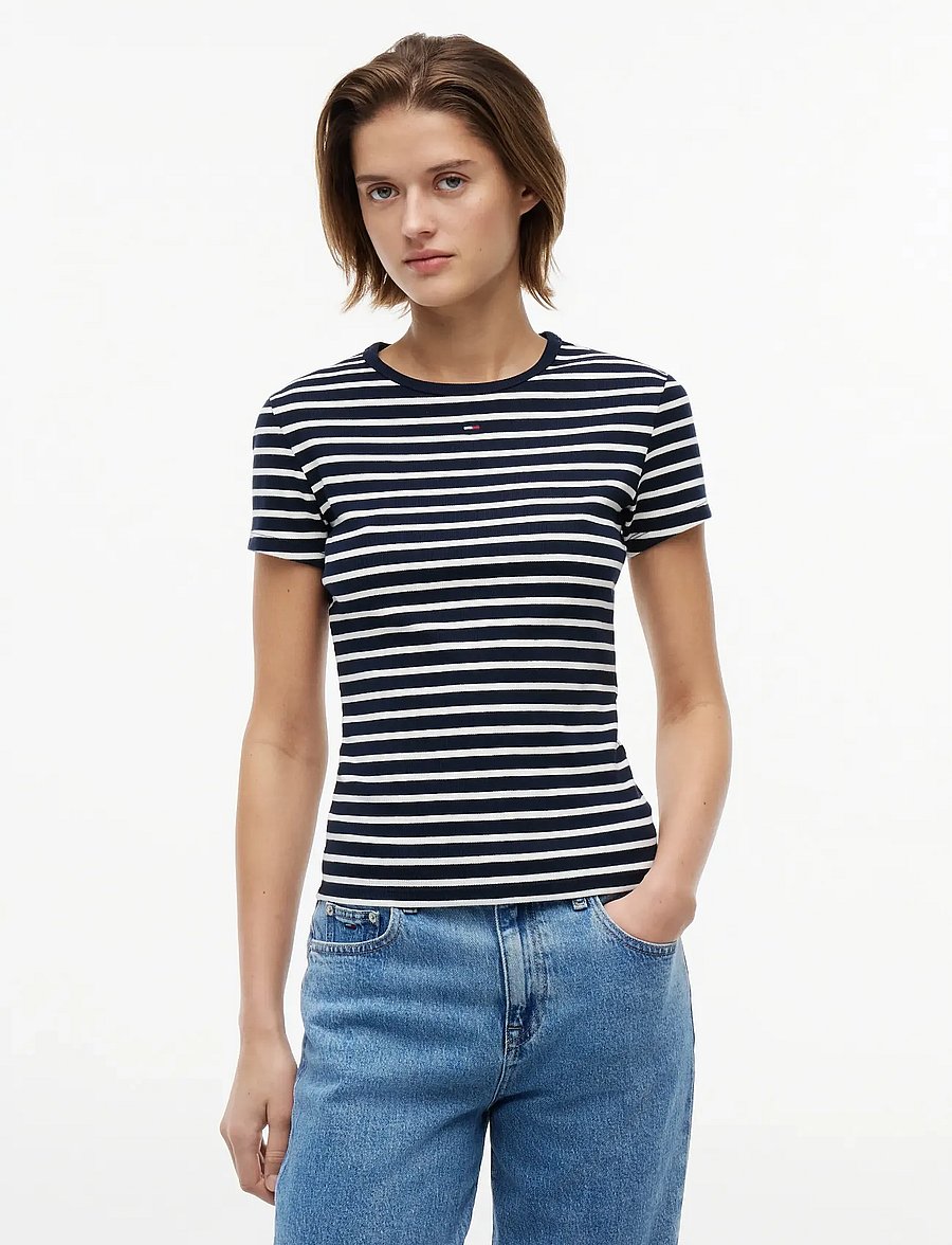 Tommy Jeans - TJW SLIM ESSENTIAL RIB SS EXT - t-shirts - dark night navy stripe - 0
