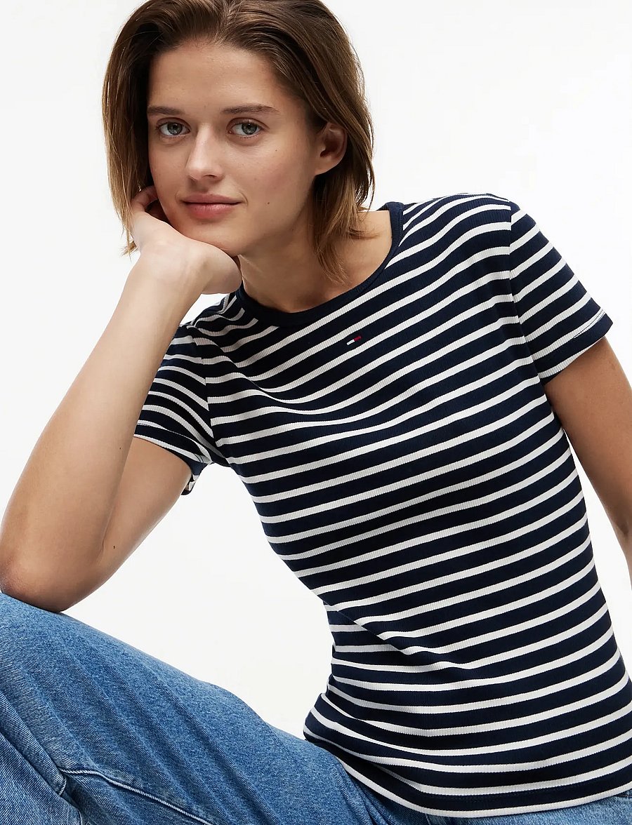 Tommy Jeans - TJW SLIM ESSENTIAL RIB SS EXT - t-shirts - dark night navy stripe - 3