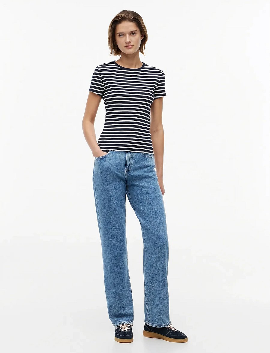 Tommy Jeans - TJW SLIM ESSENTIAL RIB SS EXT - t-shirts - dark night navy stripe - 4
