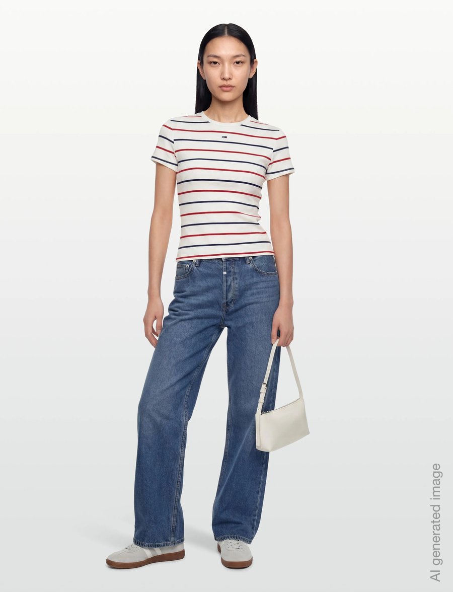 Tommy Jeans - TJW SLIM ESSENTIAL RIB SS EXT - t-shirts - ecru multi stripe - 0