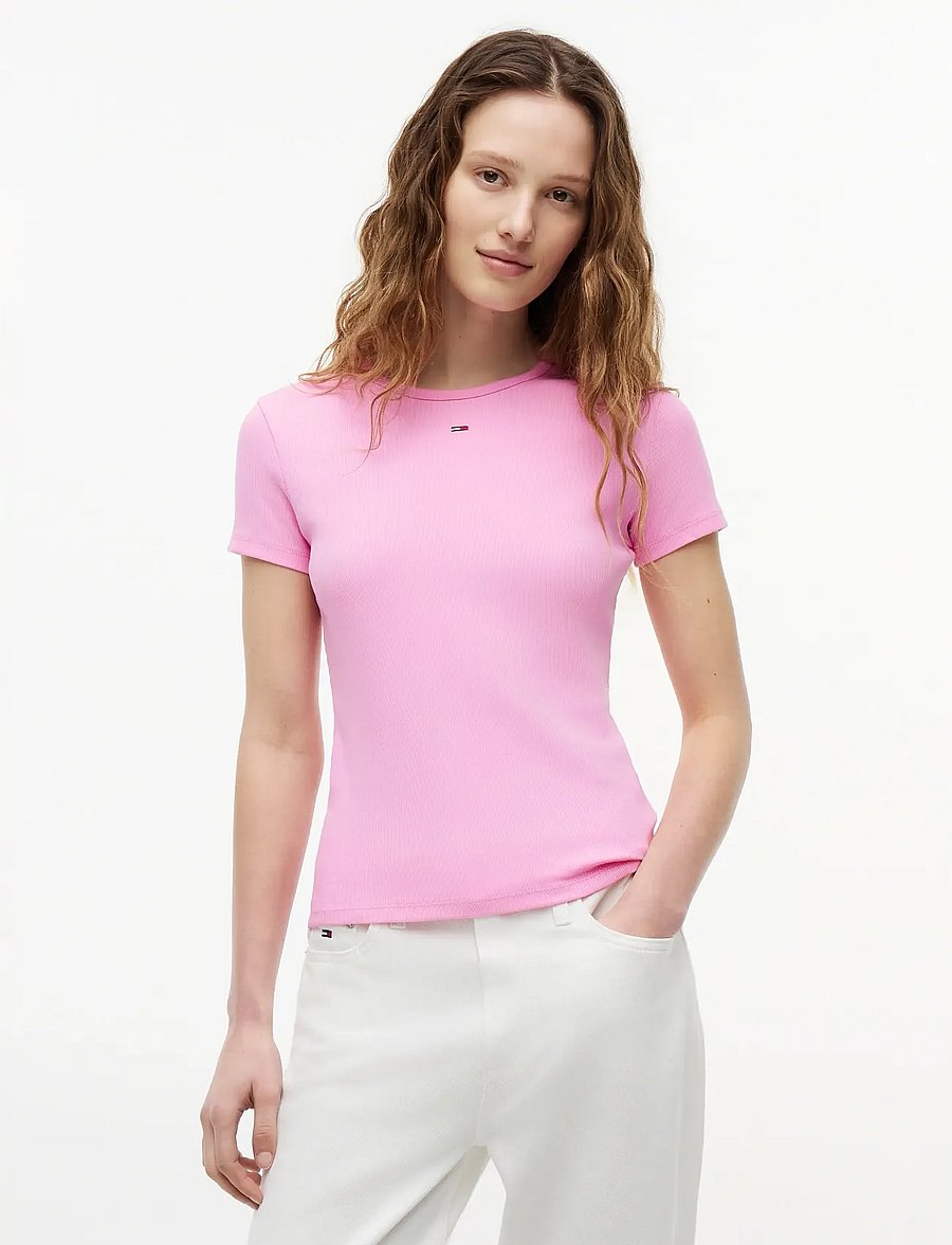 Tommy Jeans - TJW SLIM ESSENTIAL RIB SS EXT - t-shirts - pink daisy - 0