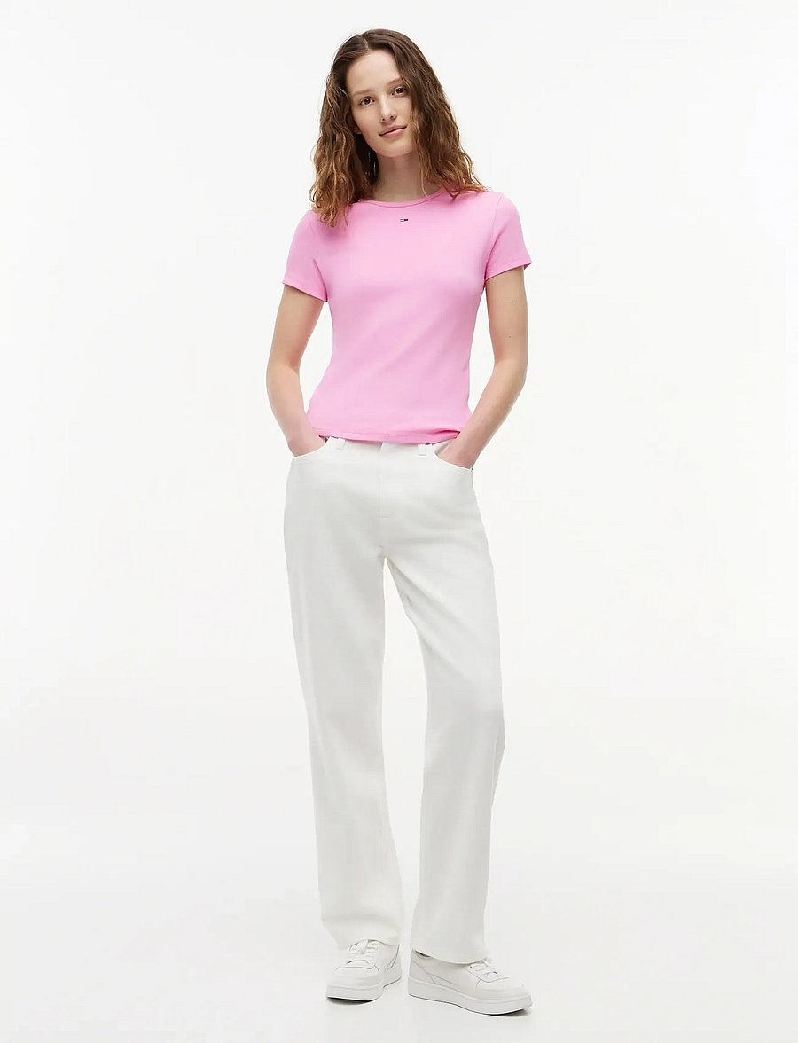 Tommy Jeans - TJW SLIM ESSENTIAL RIB SS EXT - t-shirts - pink daisy - 4
