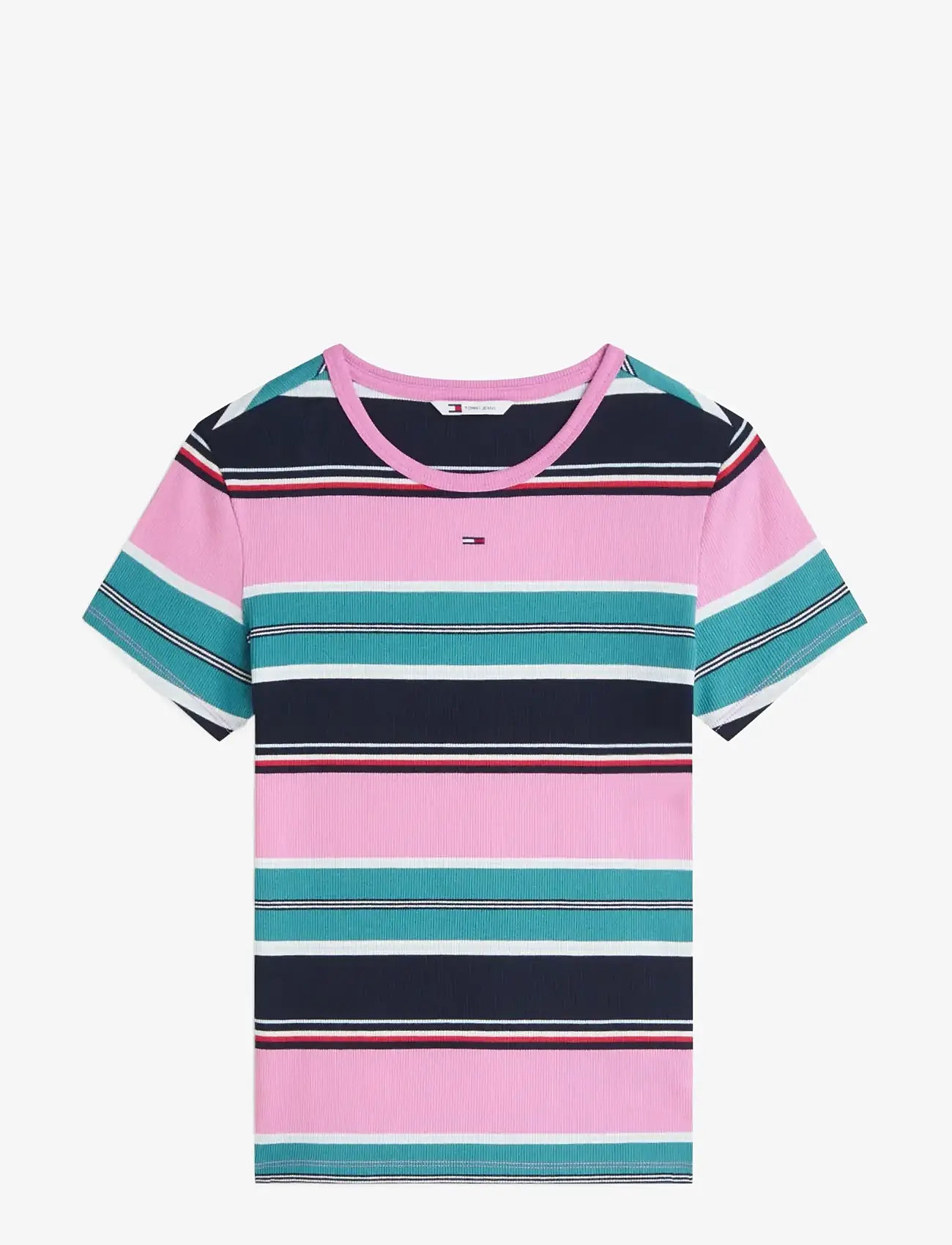 Tommy Jeans - TJW SLIM ESSENTIAL RIB SS - t-shirts - pink daisy   multi stripe - 1