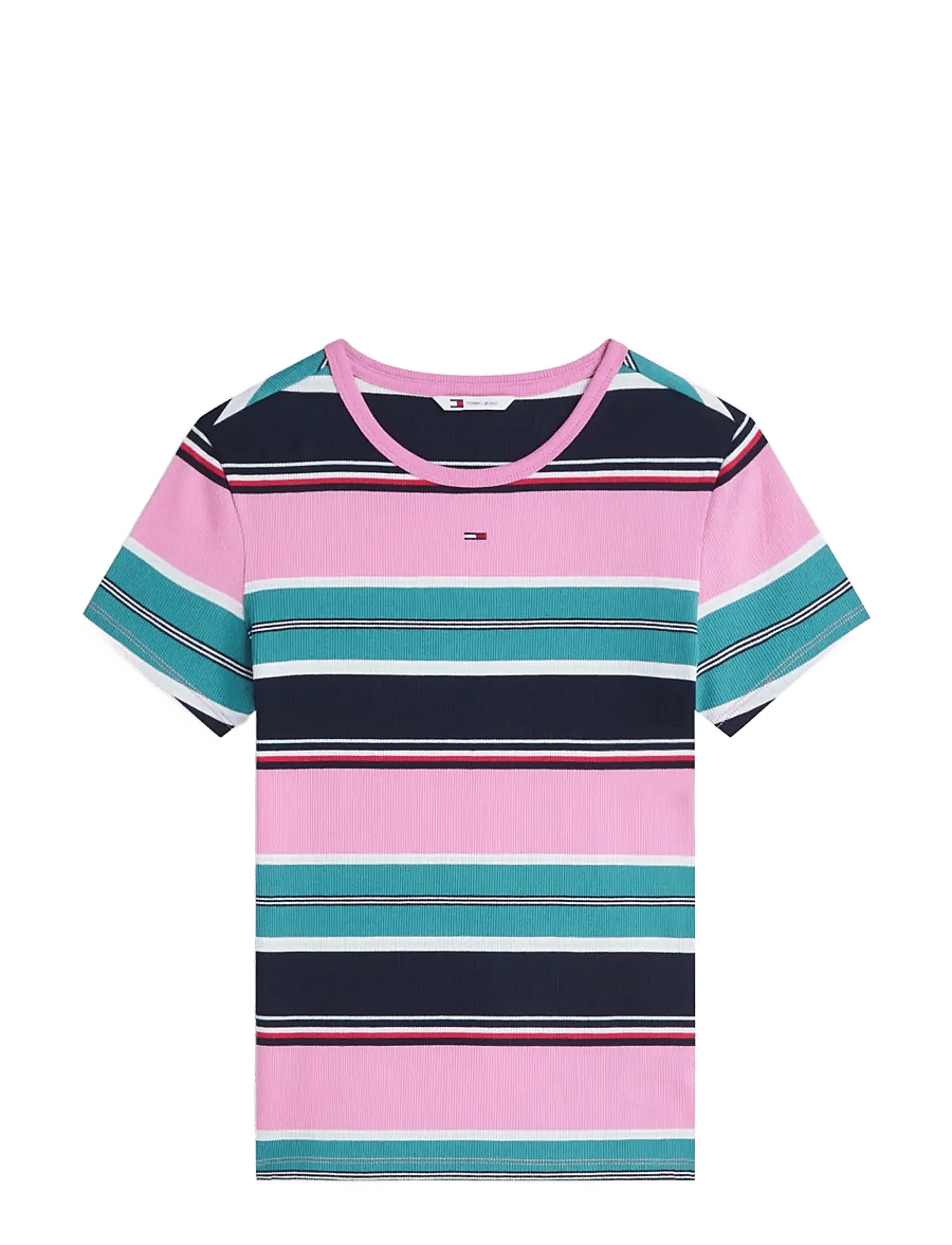 Tommy Jeans - TJW SLIM ESSENTIAL RIB SS EXT - t-shirts - pink daisy multi stripe - 1