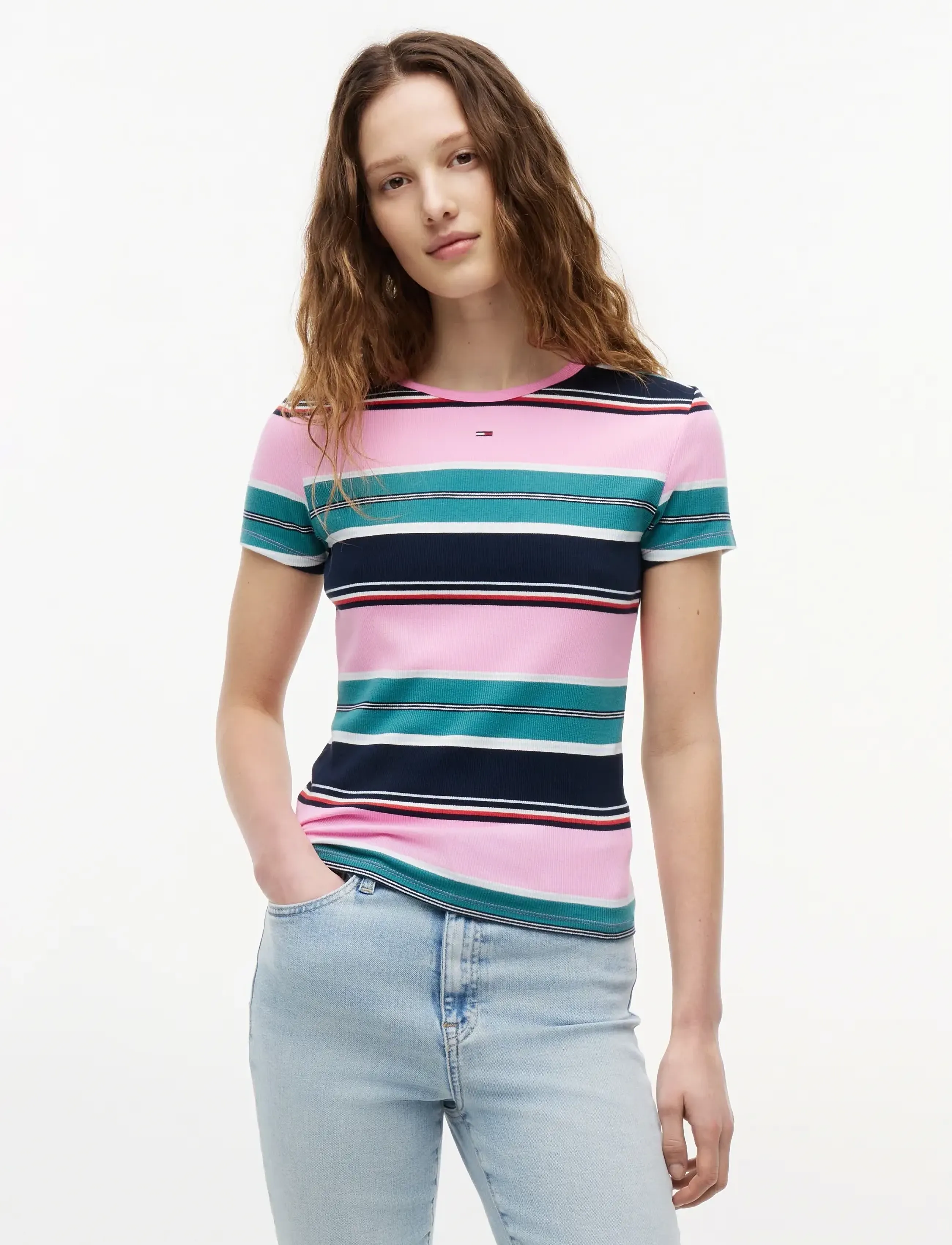 Tommy Jeans TJW SLIM ESSENTIAL RIB SS - Kleidung - PINK DAISY   MULTI STRIPE / multi