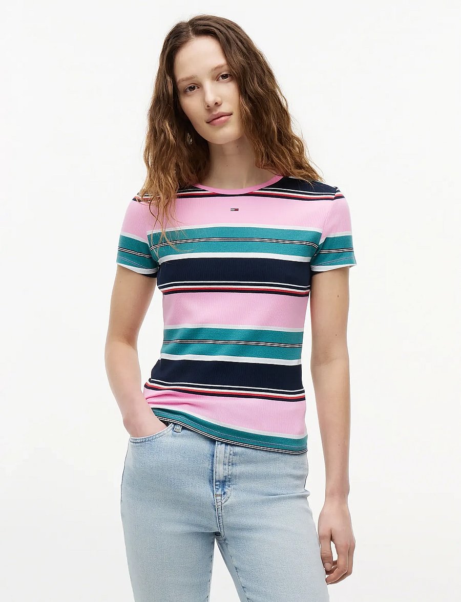 Tommy Jeans - TJW SLIM ESSENTIAL RIB SS EXT - t-shirts - pink daisy multi stripe - 0