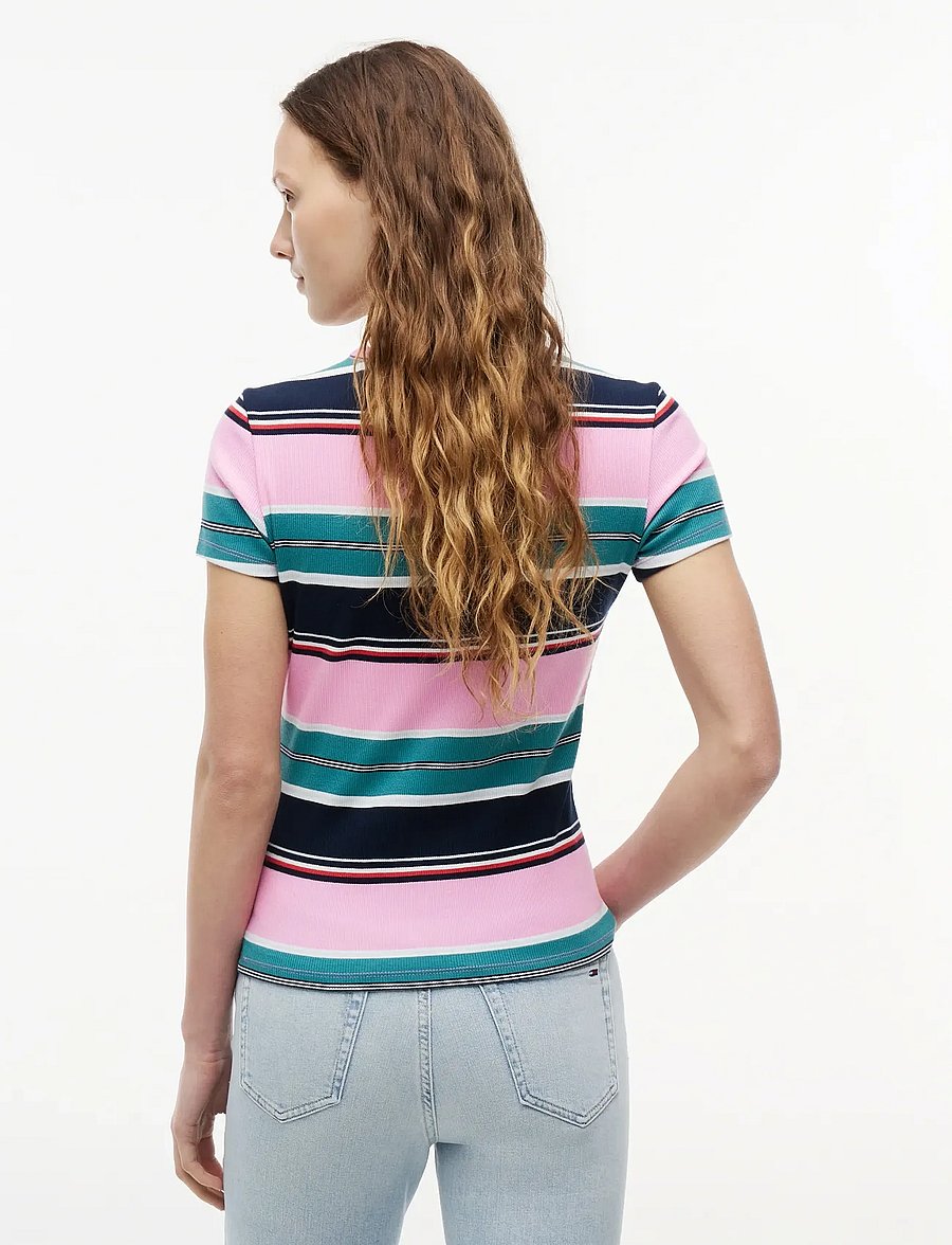 Tommy Jeans - TJW SLIM ESSENTIAL RIB SS EXT - t-shirts - pink daisy multi stripe - 2