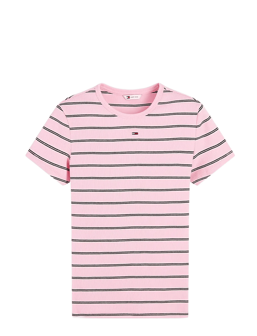 Tommy Jeans - TJW SLIM ESSENTIAL RIB SS EXT - t-shirts - pink sugar stripe - 1