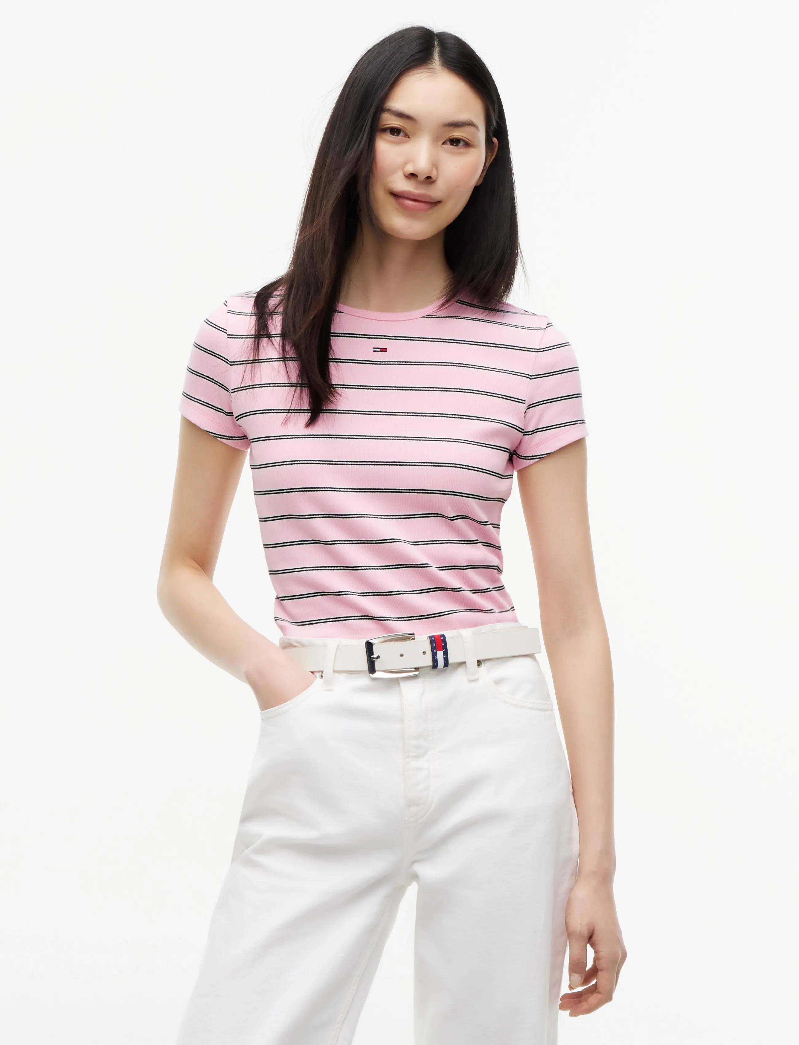 Tommy Jeans TJW SLIM ESSENTIAL RIB SS EXT - Tommy Hilfiger - PINK SUGAR   STRIPE / pink/rose