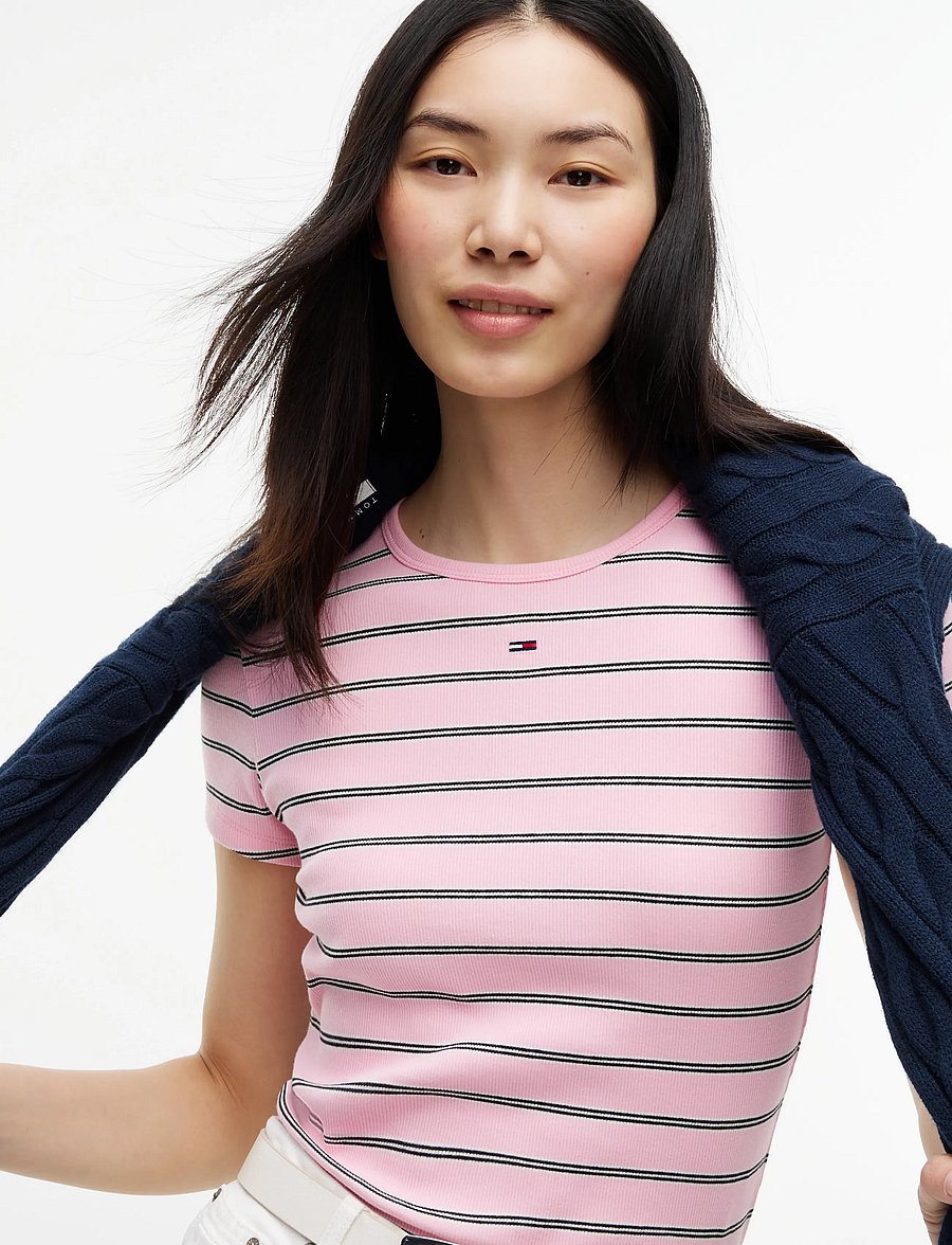 Tommy Jeans - TJW SLIM ESSENTIAL RIB SS EXT - t-shirts - pink sugar stripe - 3