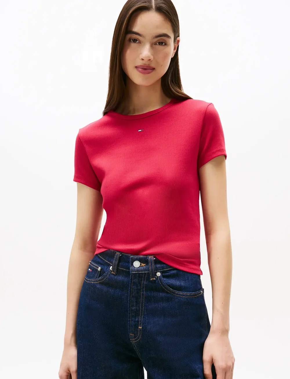 Tommy Jeans - TJW SLIM ESSENTIAL RIB SS - t-shirts - ruby rhubarb - 0