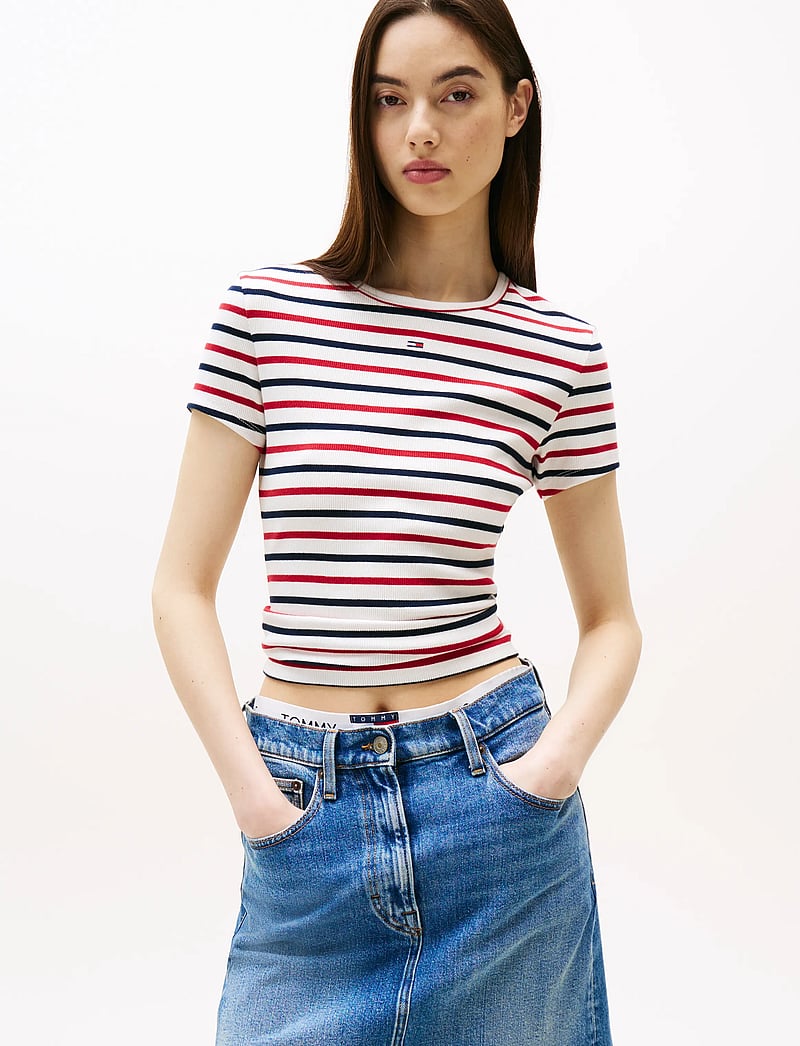 Tommy Jeans - TJW SLIM ESSENTIAL RIB SS EXT - t-shirts - white / red / navy stripe - 0