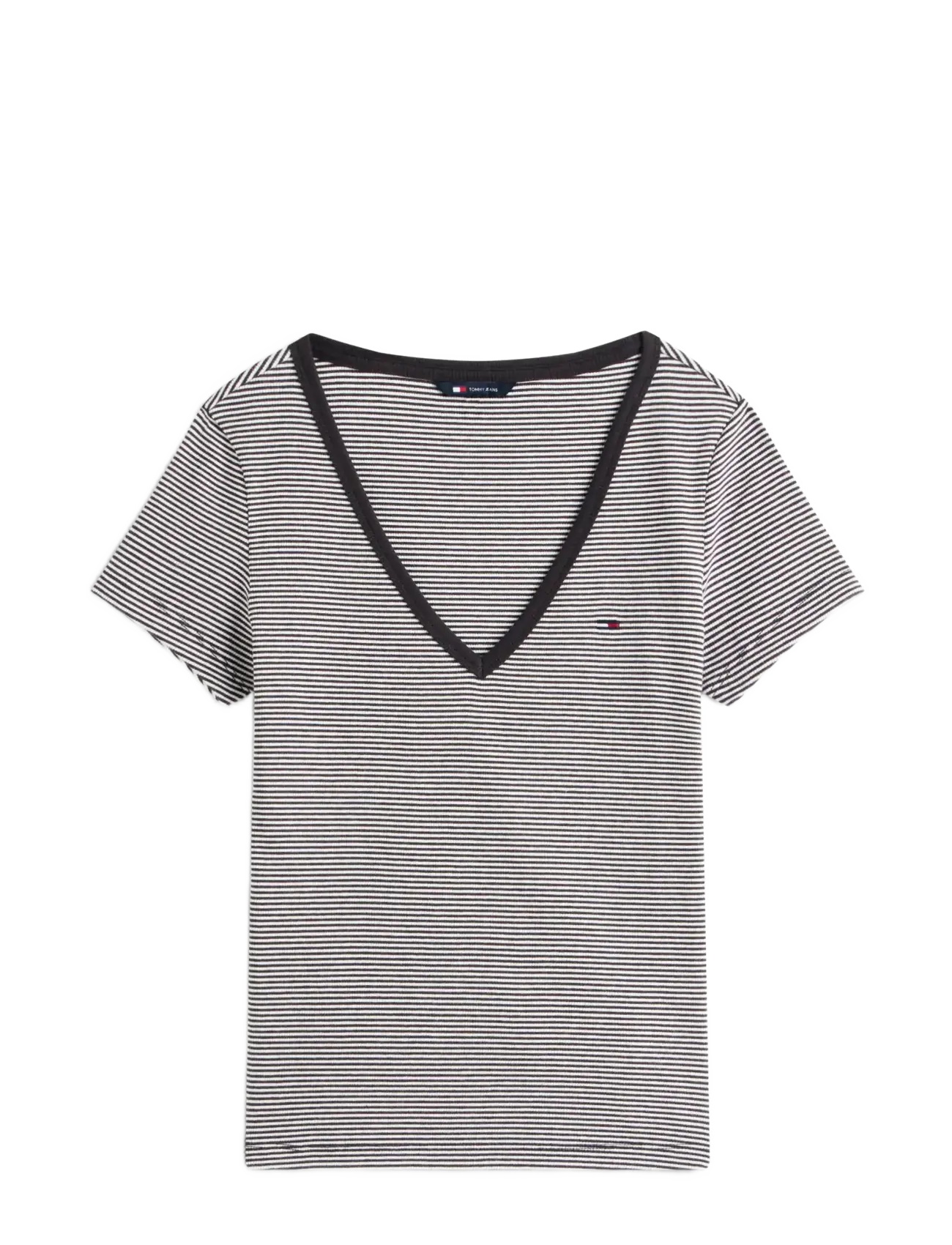 Tommy Jeans TJW SLIM ESSENTIAL RIB V SS - Frühlings-Schnäppchen - BLACK  ECRU STRIPE / black