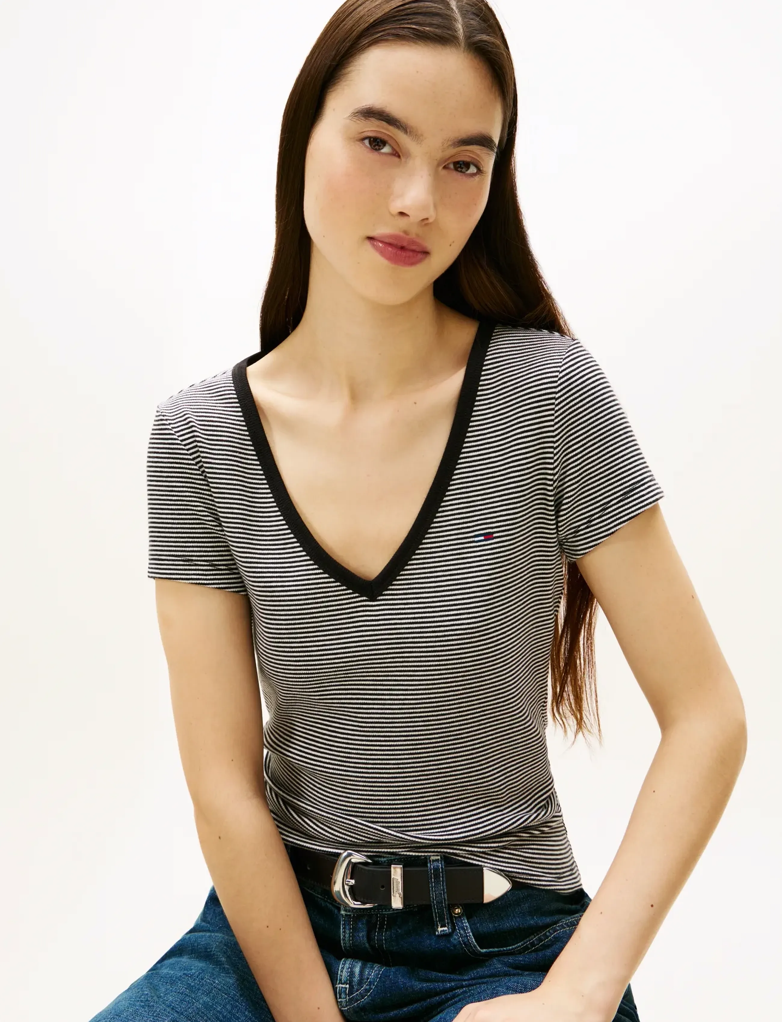 Tommy Jeans - TJW SLIM ESSENTIAL RIB V SS - t-shirty - black  ecru stripe - 4