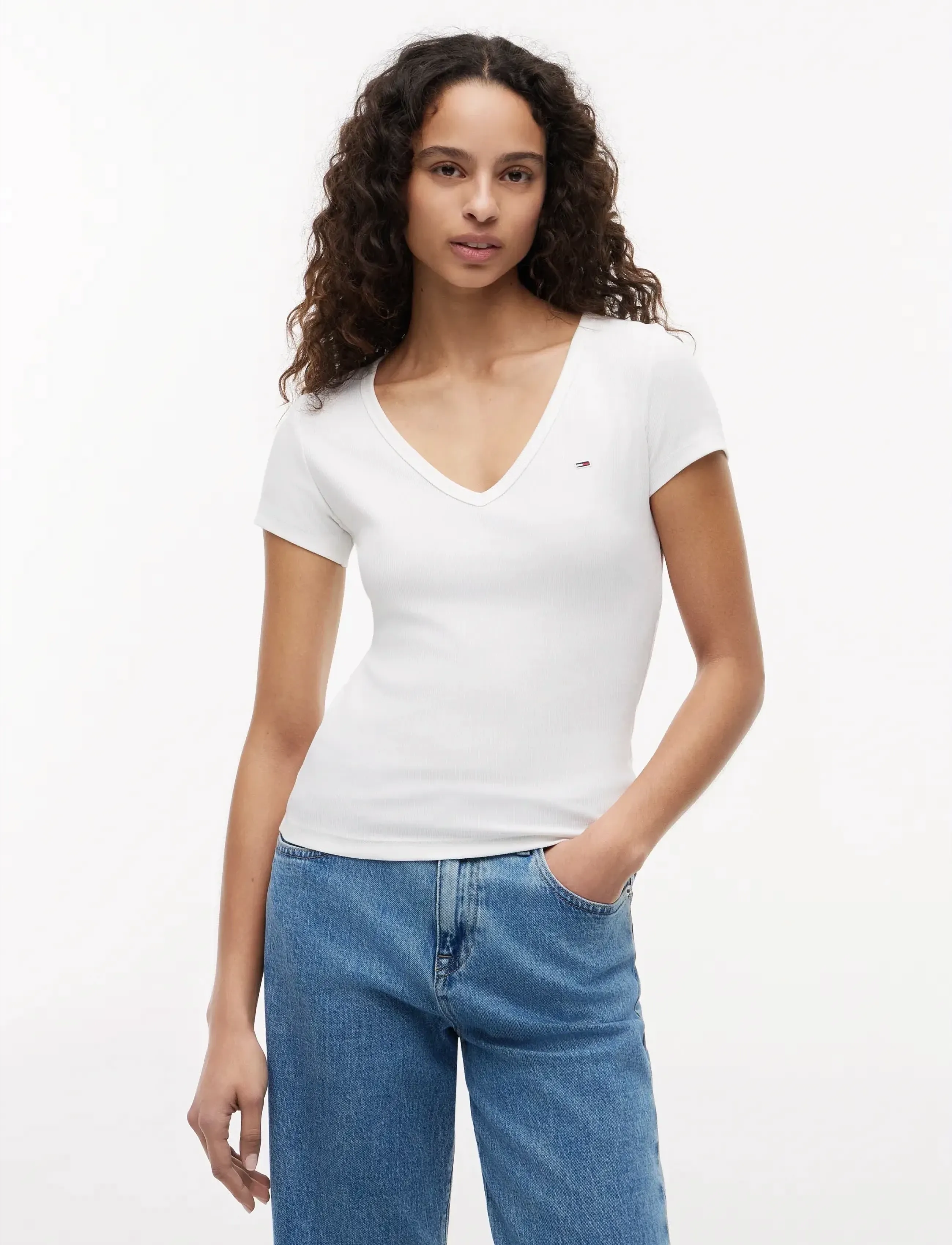 Tommy Jeans - TJW SLIM ESSENTIAL RIB V SS - t-shirts - white - 2