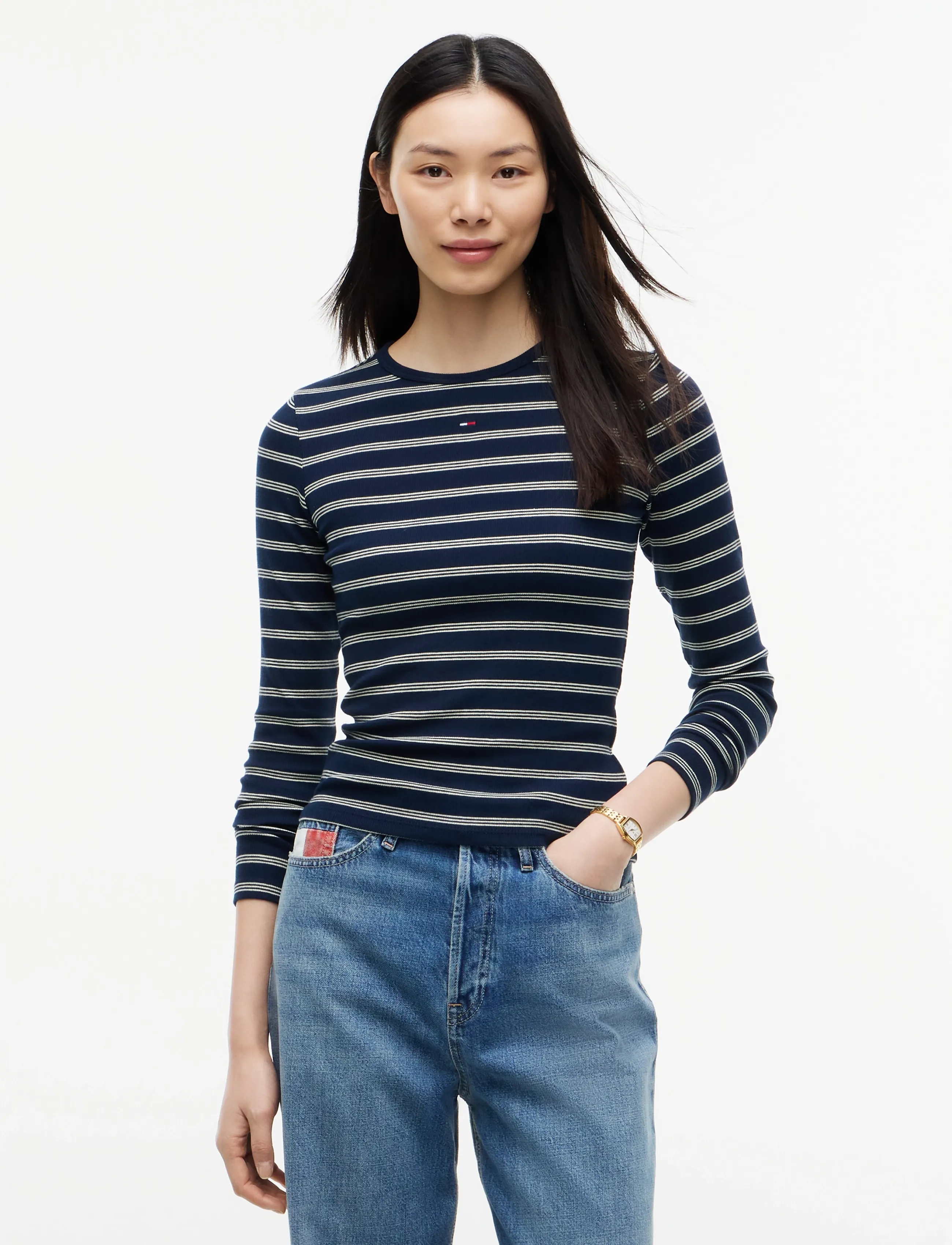 Tommy Jeans TJW SLIM ESSENTIAL RIB LS - Riided - DARK BLUE   DAY LILY STRIPE / navy