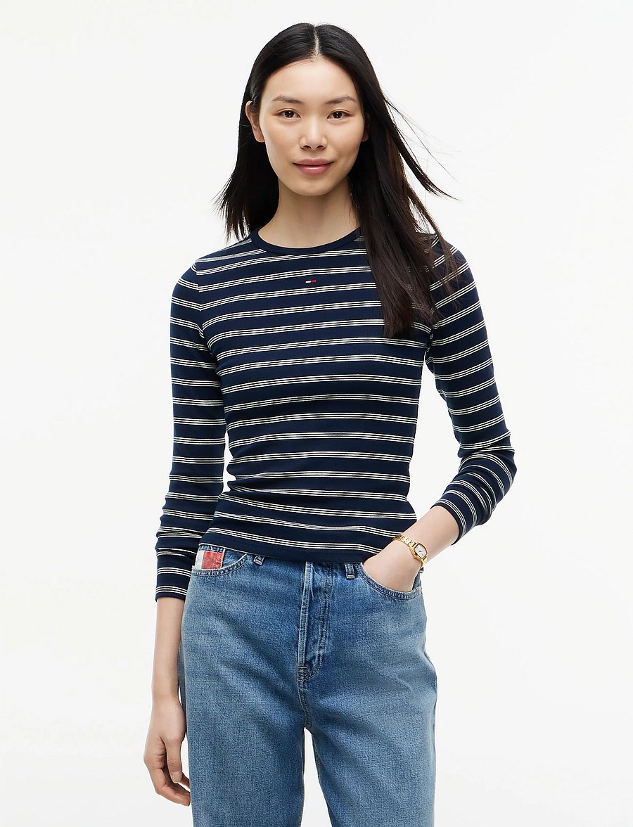 Tommy Jeans - TJW SLIM ESSENTIAL RIB LS - pikkade varrukatega topid - dark blue day lily stripe - 0