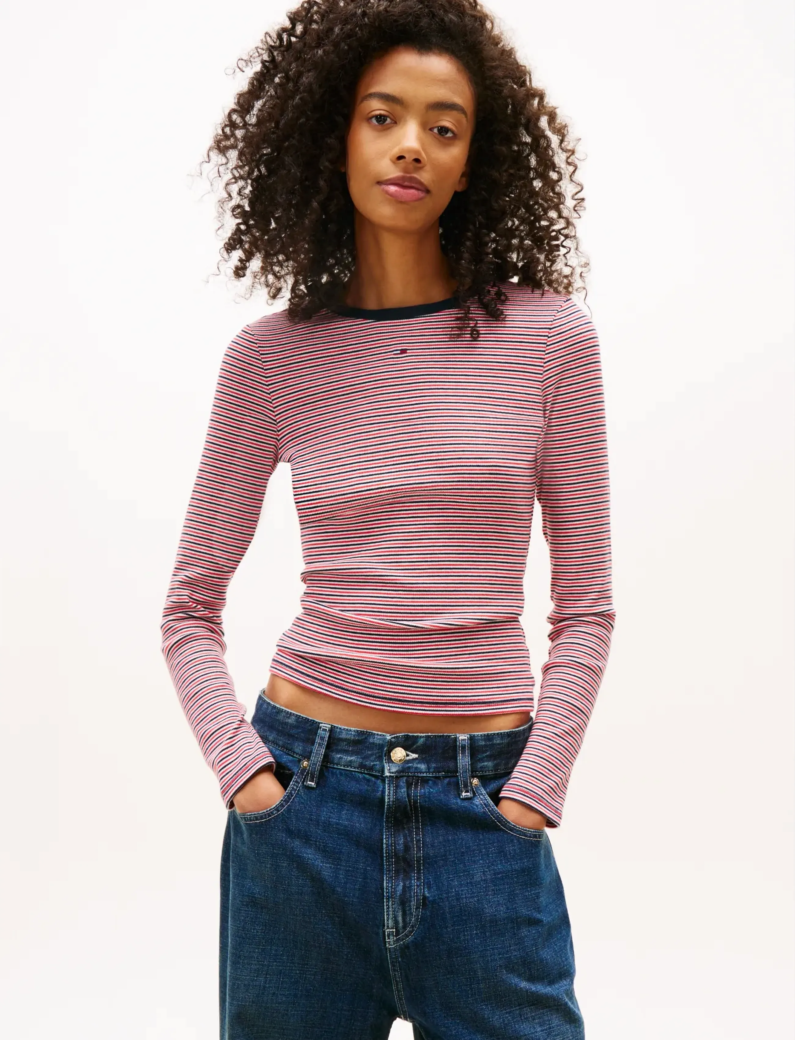 Tommy Jeans TJW SLIM ESSENTIAL RIB LS - T-särgid ja alussärgid - RED   NAVY   WHITE MINI STRIPE / red