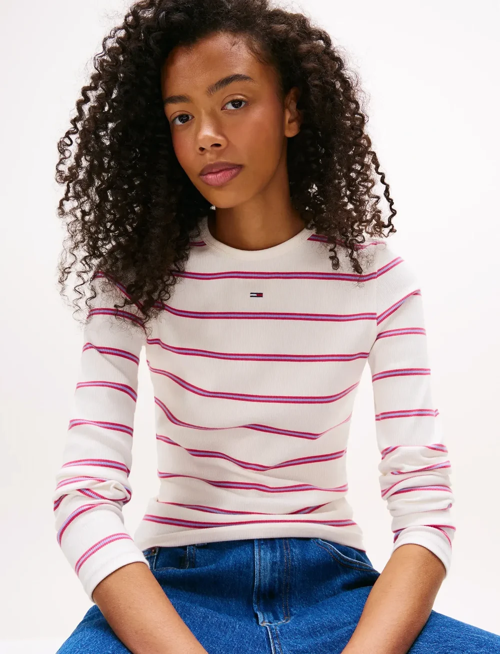 Tommy Jeans - TJW SLIM ESSENTIAL RIB LS - långärmade toppar - ancient white / cerise stripe - 4