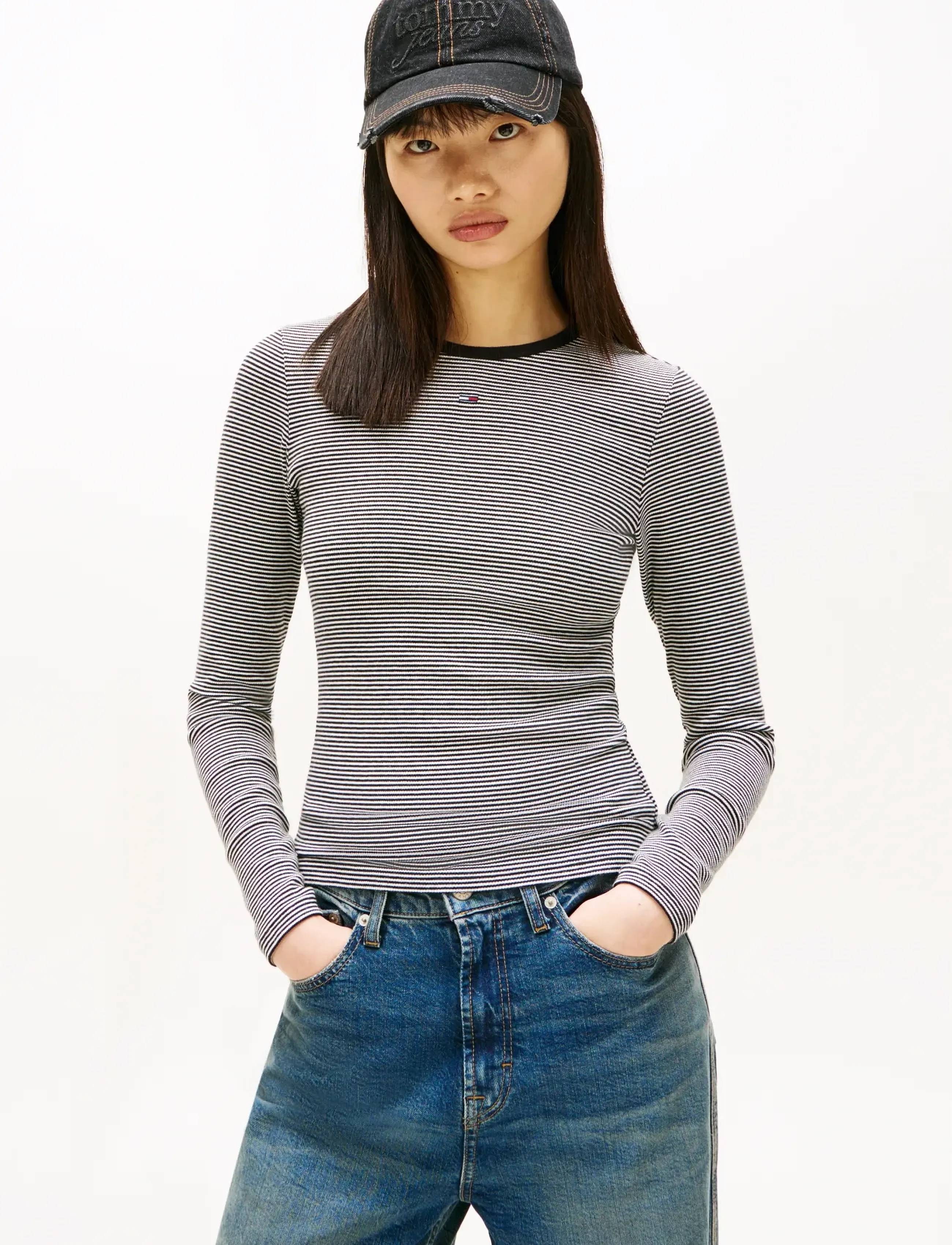 Tommy Jeans TJW SLIM ESSENTIAL RIB LS - Kleidung - BLACK  ECRU STRIPE / black
