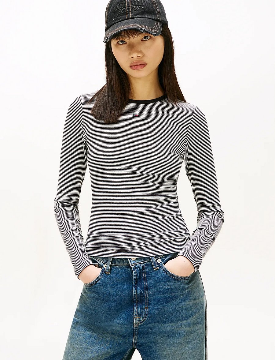 Tommy Jeans - TJW SLIM ESSENTIAL RIB LS - långärmade toppar - black ecru stripe - 0