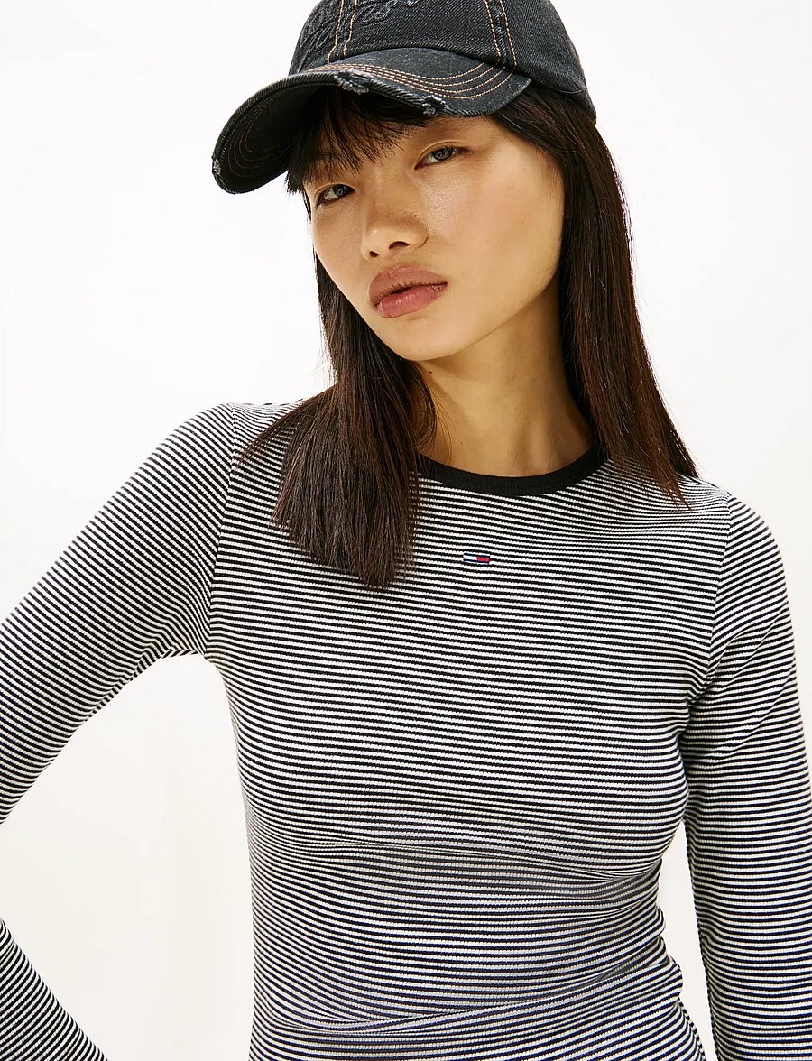 Tommy Jeans - TJW SLIM ESSENTIAL RIB LS - långärmade toppar - black ecru stripe - 4