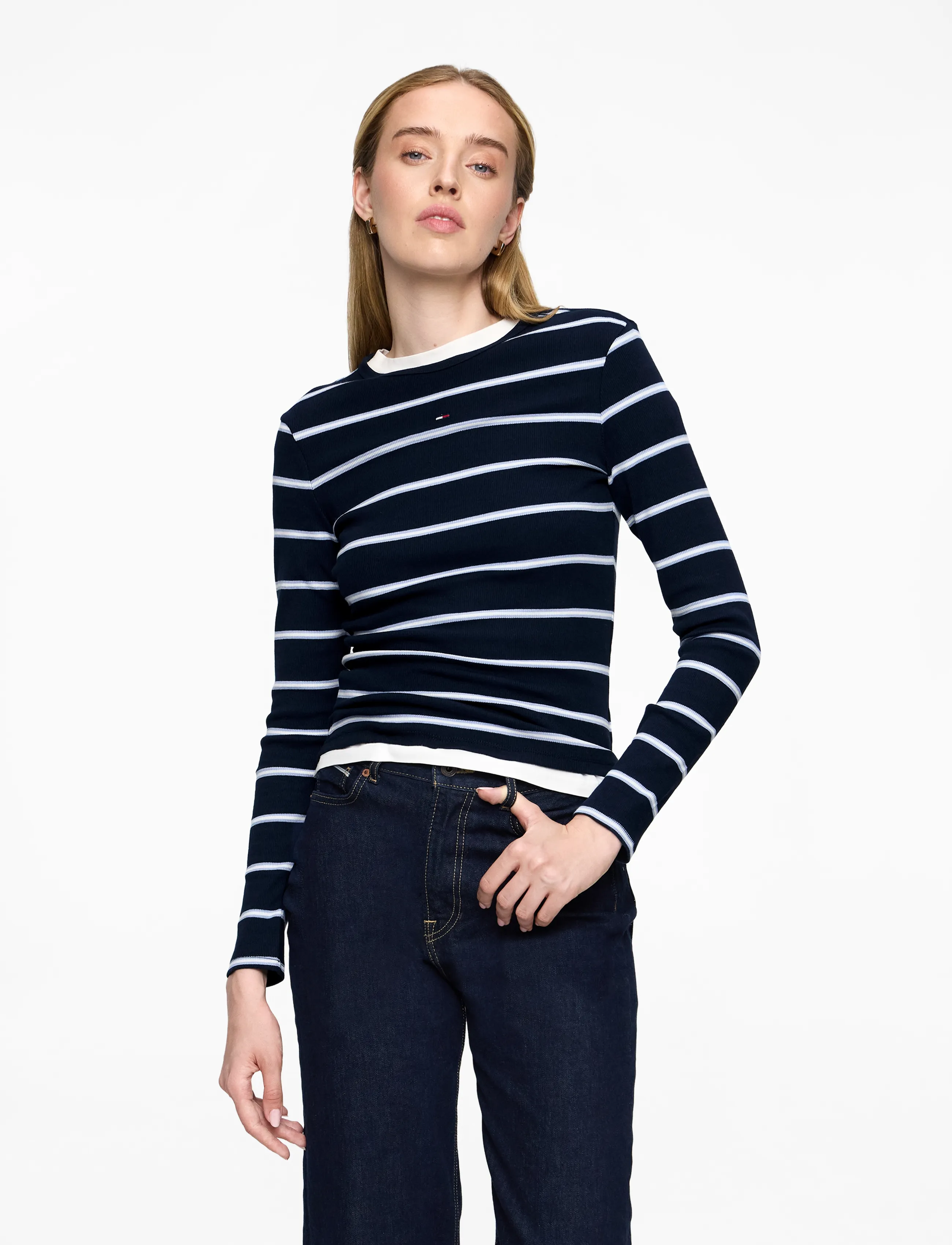 Tommy Jeans TJW SLIM ESSENTIAL RIB LS - Langermede topper - DARK NIGHT NAVY / STRIPE / navy