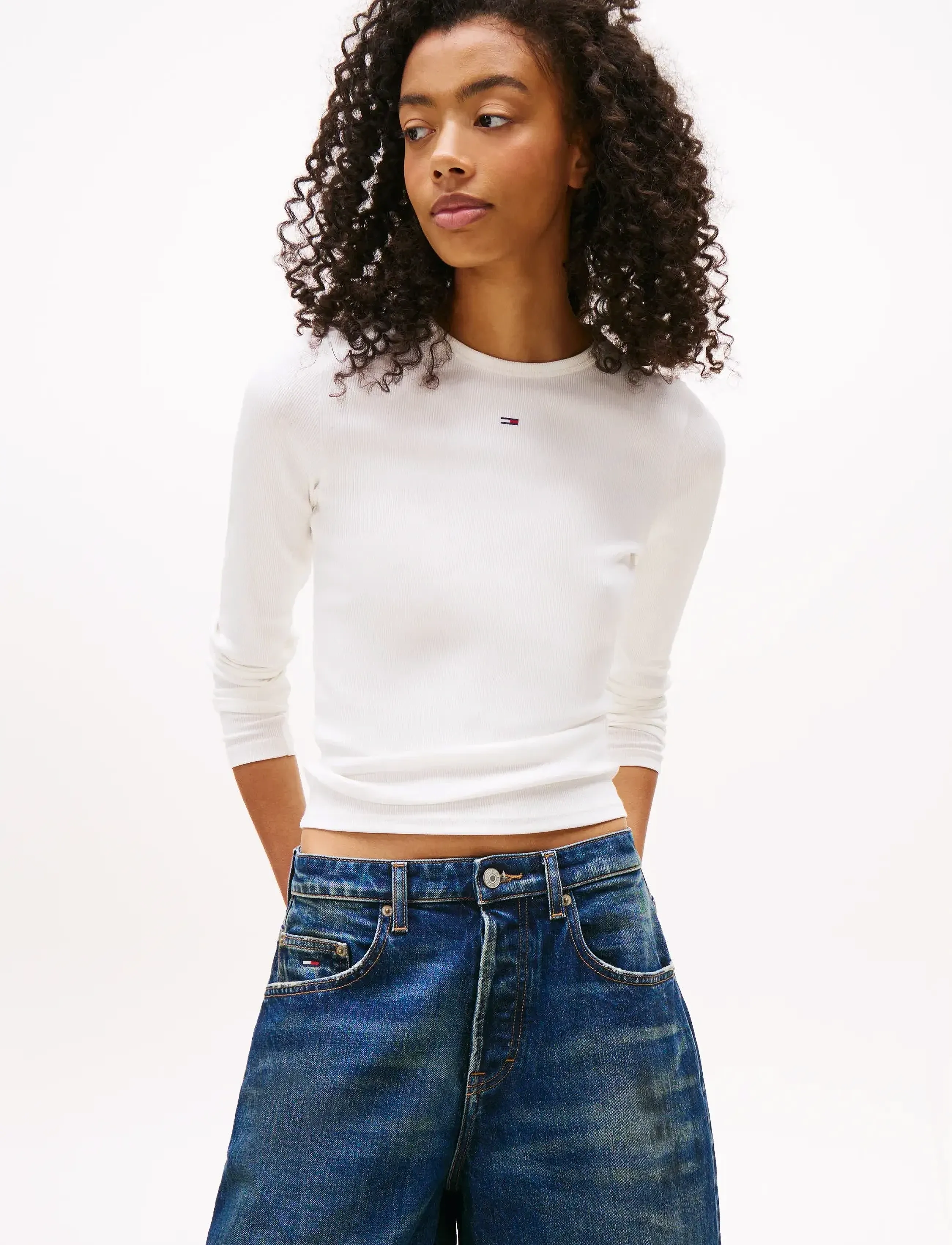 Tommy Jeans TJW SLIM ESSENTIAL RIB LS - T-shirts & Toppar - ECRU / white