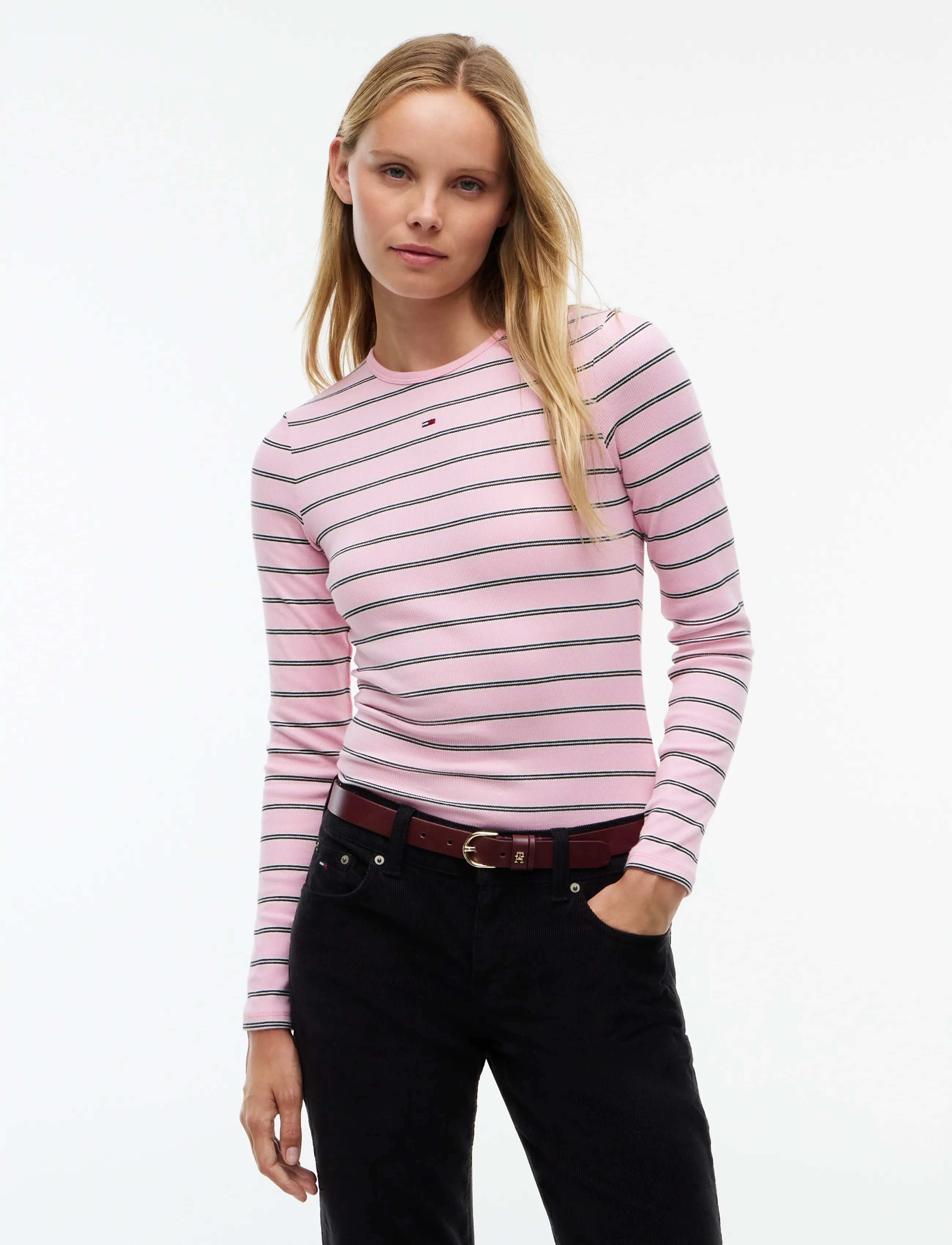 Tommy Jeans TJW SLIM ESSENTIAL RIB LS - Long-sleeved tops - PINK SUGAR   STRIPE / pink/rose