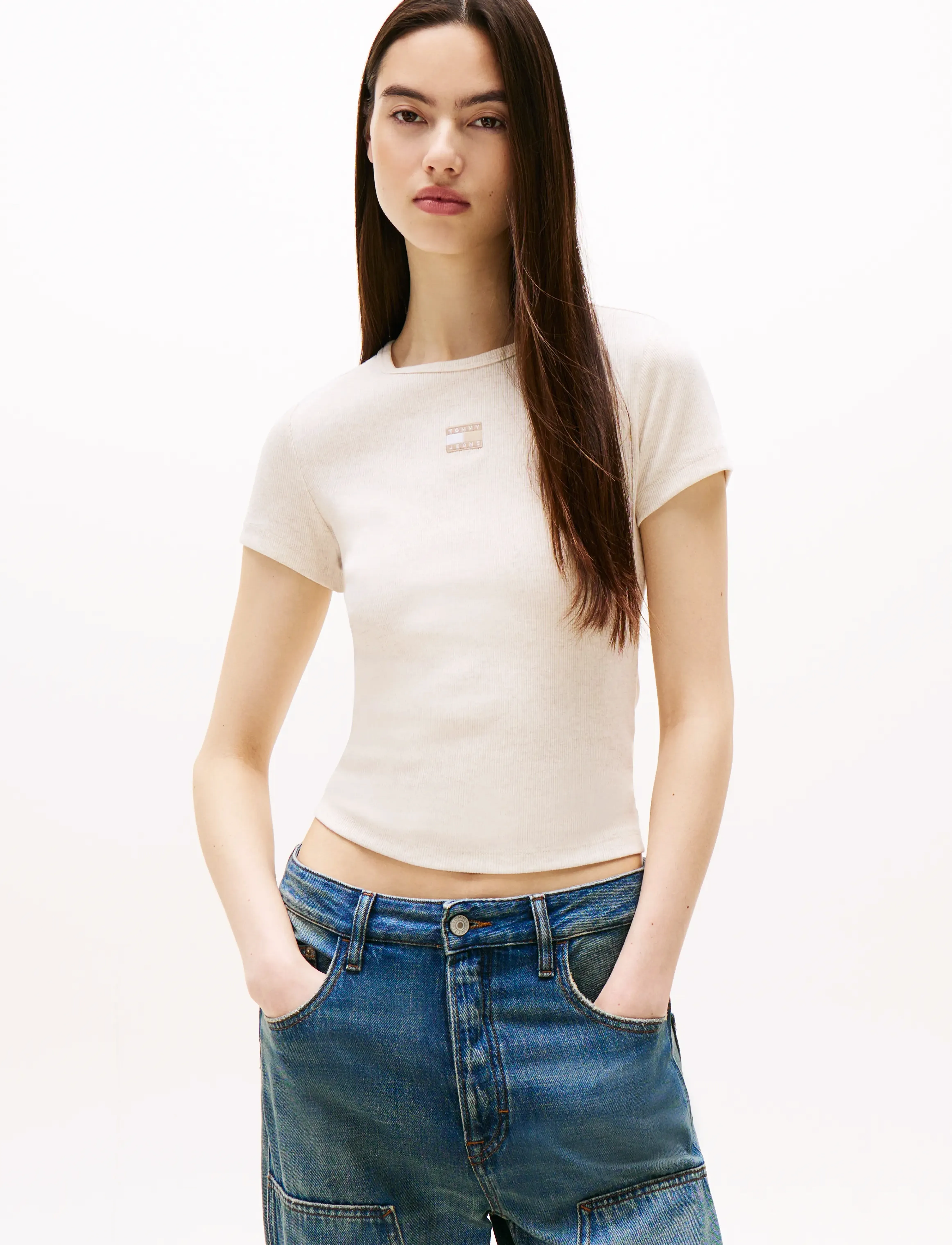 Tommy Jeans TJW SLIM BADGE RIB TEE - Vaatteet - OATMEAL HEATHER TONAL / white