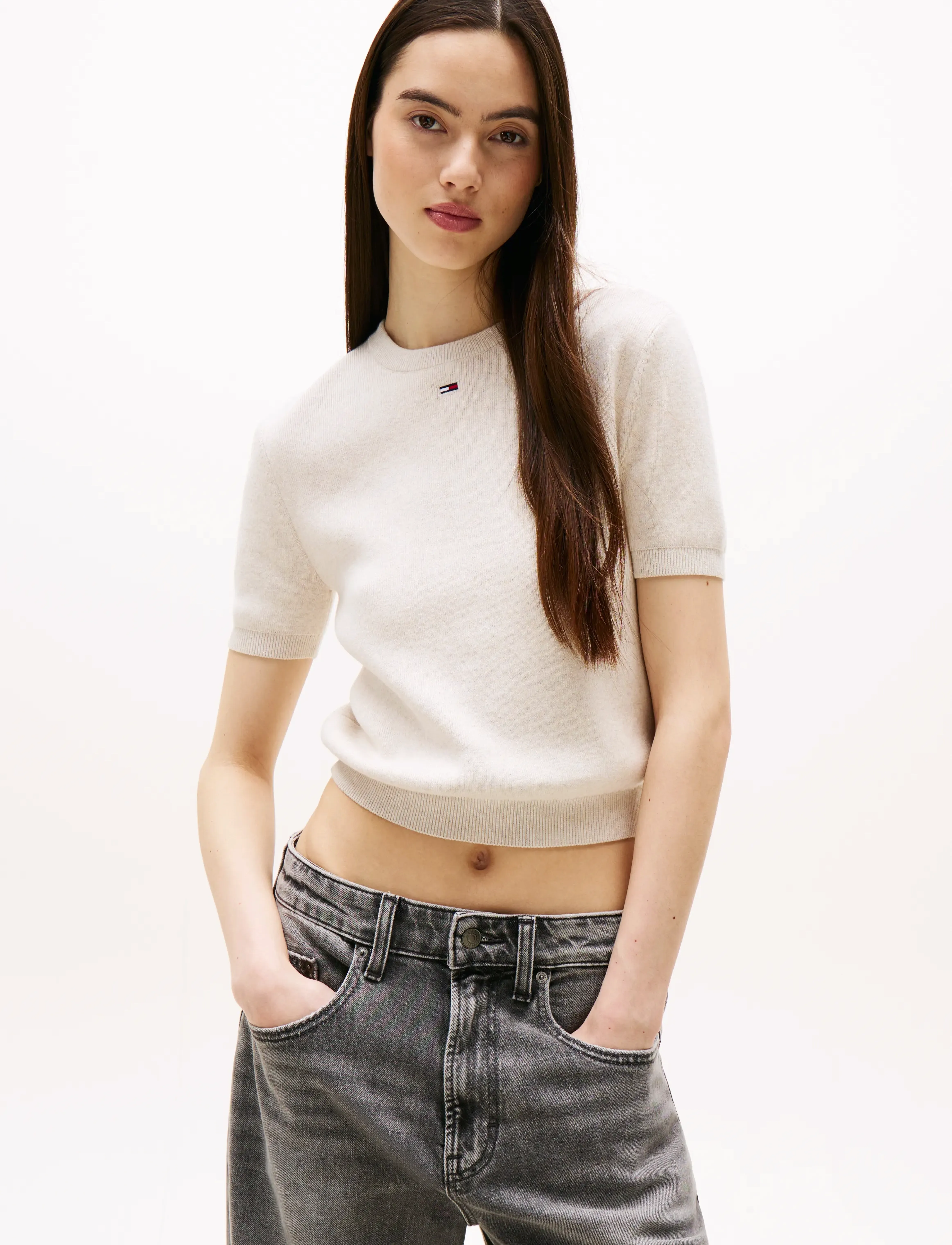 Tommy Jeans TJW ESSENTIAL SS SWEATER - Sweatshirts - OAT MARL HTR / cream