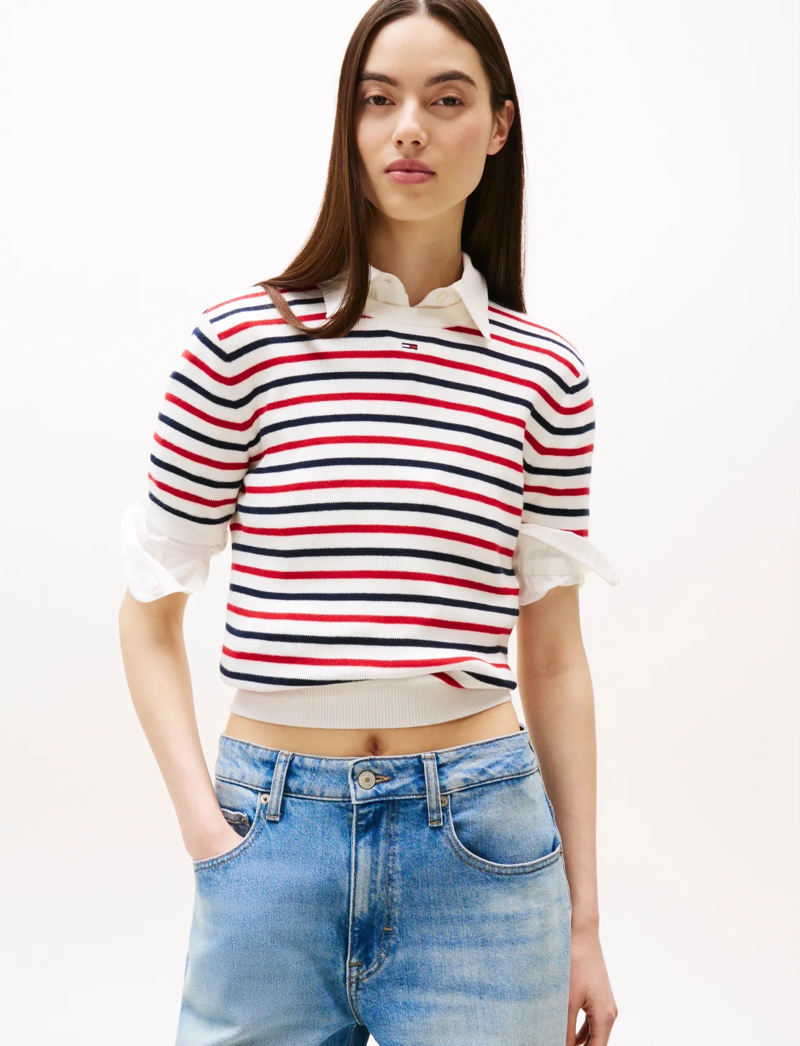 Tommy Jeans TJW ESSENTIAL SS SWEATER - Crop tops - WHITE   RED   NAVY STRIPE / white