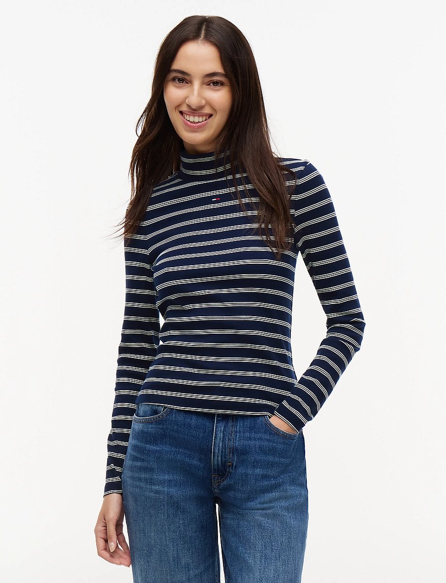 Tommy Jeans - TJW ESSENTIAL MOCK NECK - long-sleeved tops - dark blue day lily stripe - 0