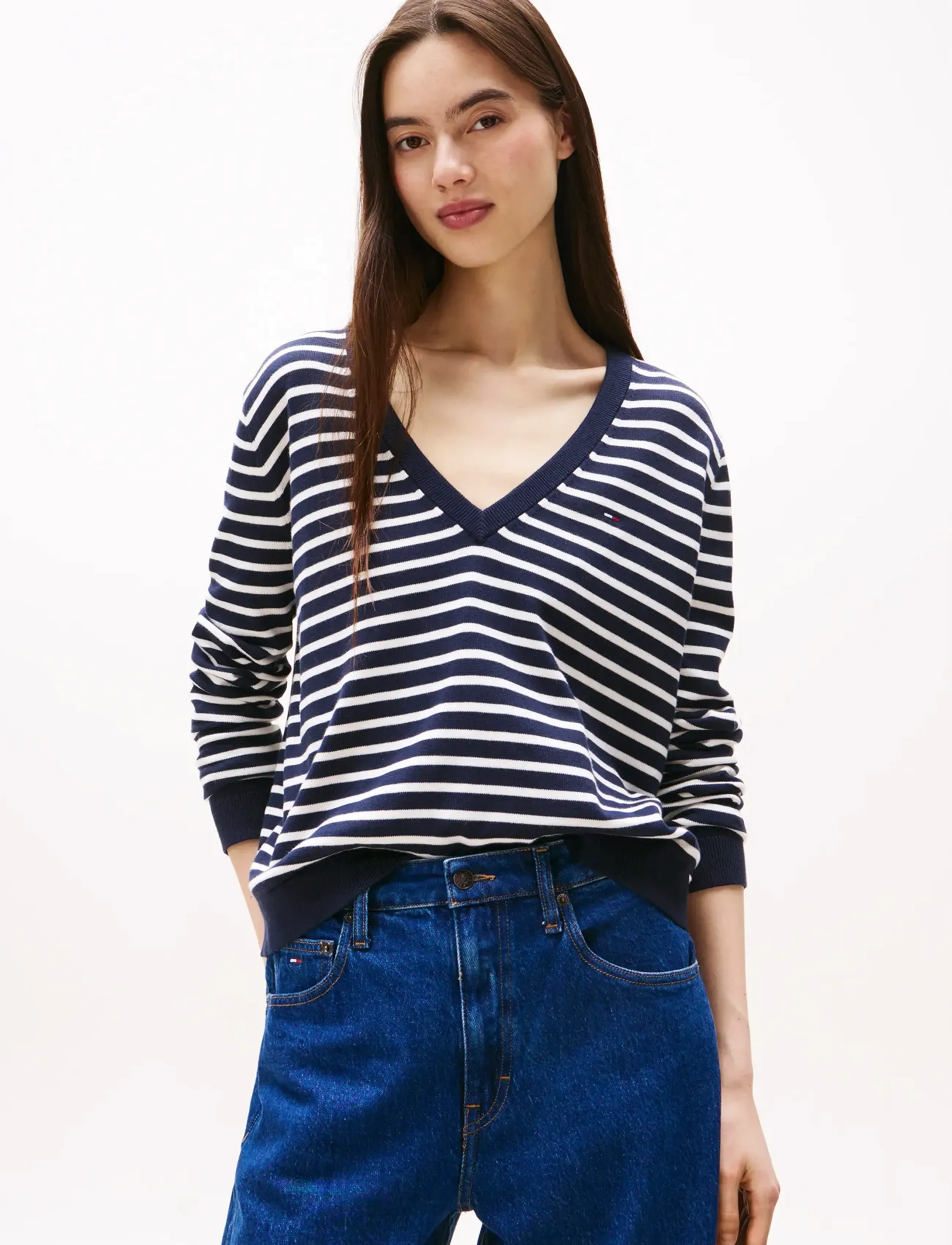 Tommy Jeans TJW ESSENTIAL VNECK SWEATER EXT - Tøj - DARK NIGHT NAVY / STRIPE / navy
