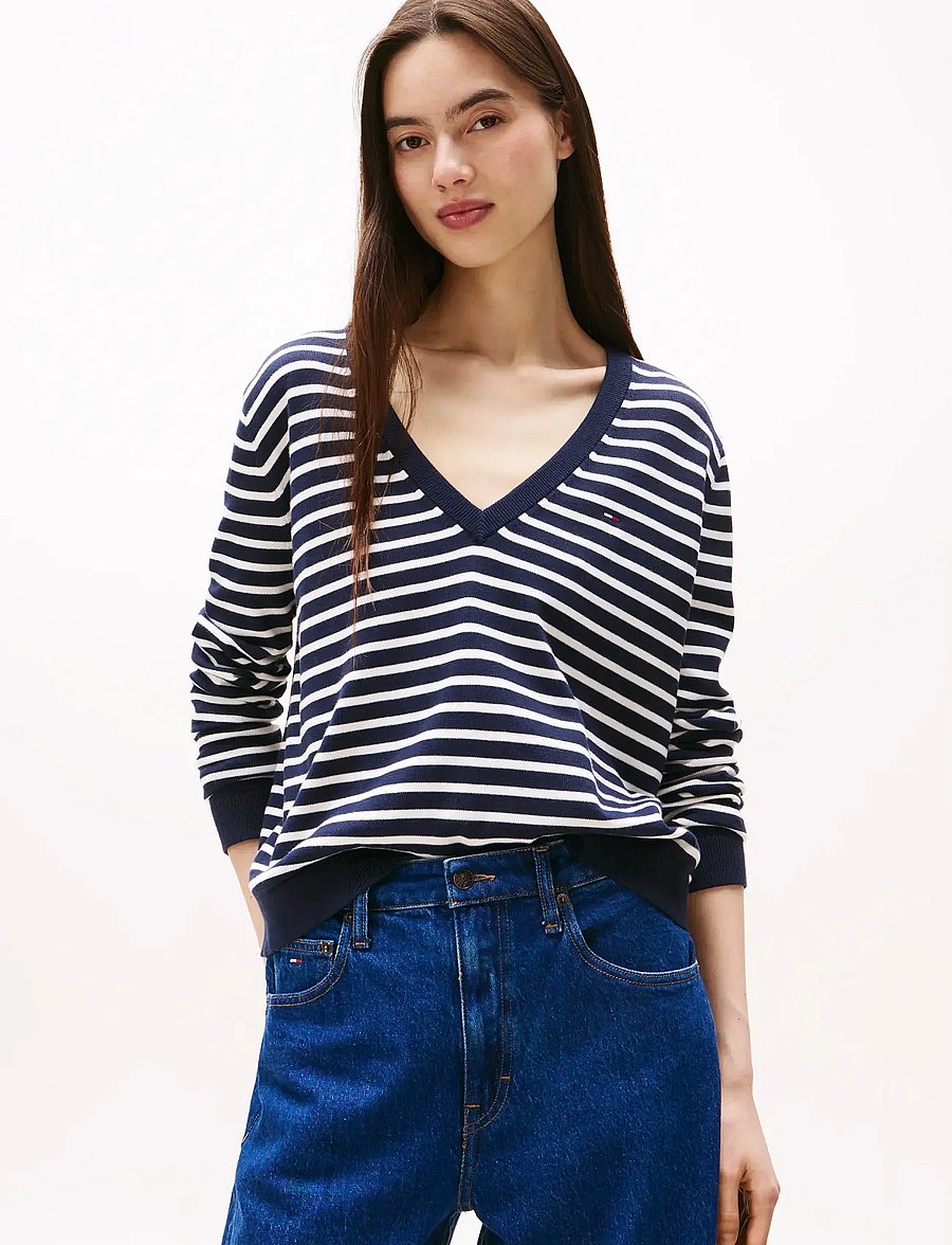 Tommy Jeans - TJW ESSENTIAL VNECK SWEATER EXT - striktrøjer - dark night navy / stripe - 0