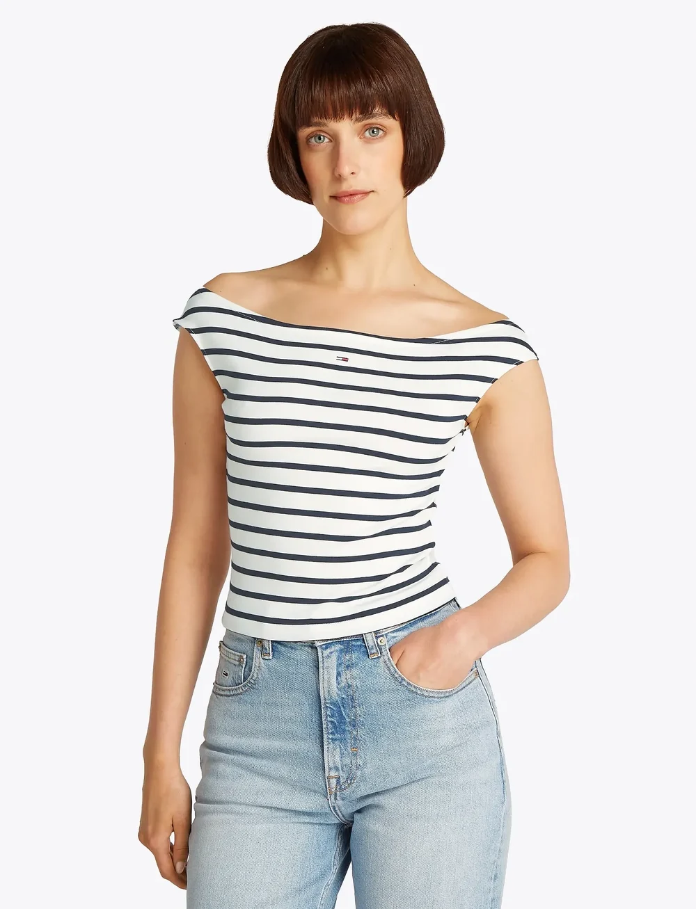 Tommy Jeans - TJW BOAT NECK TOP SS EXT - t-shirts - ecru / navy stripe - 0