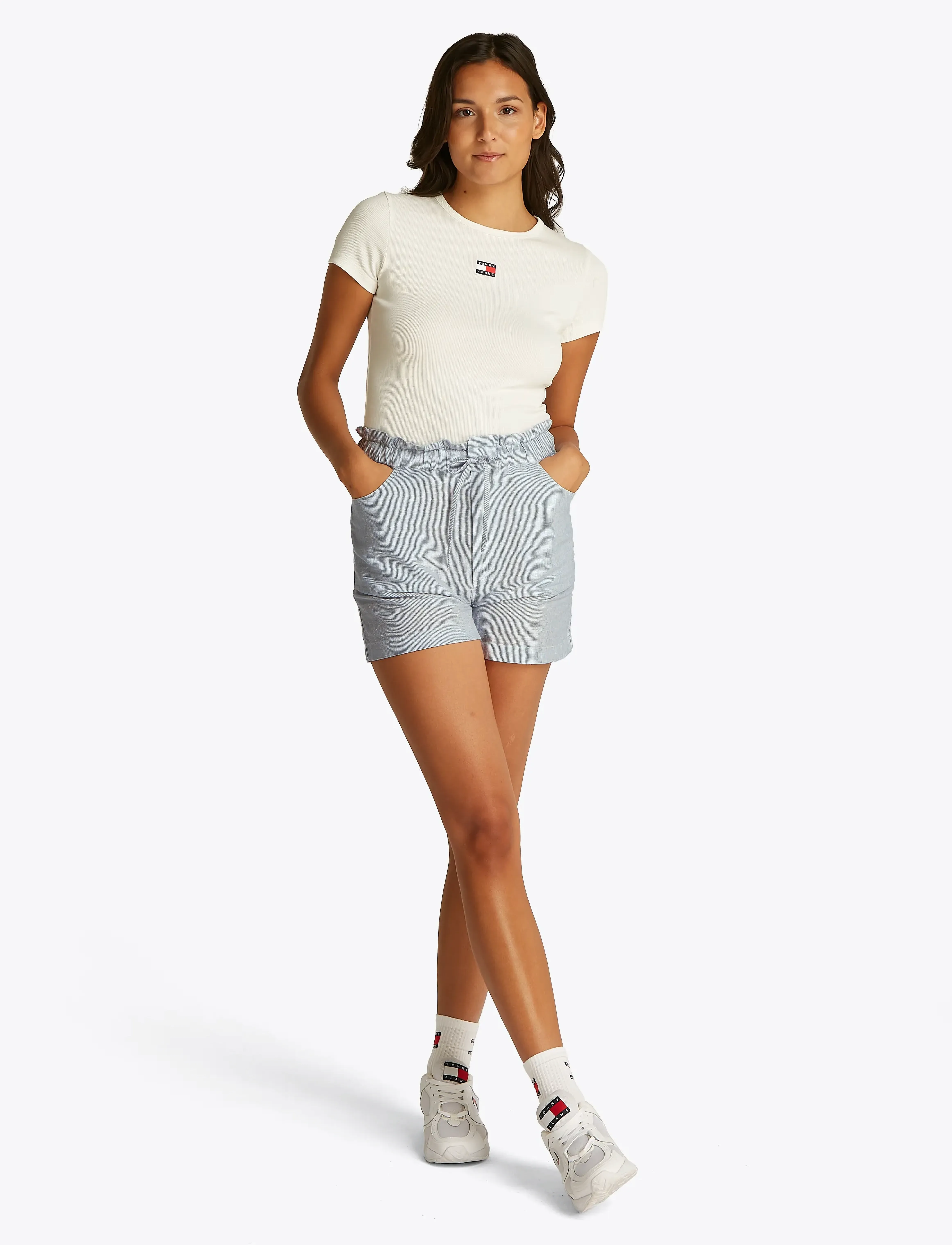 Tommy Jeans - TJW COTTON LINEN SHORT - paperbag shorts - colorado blue / stripe - 4