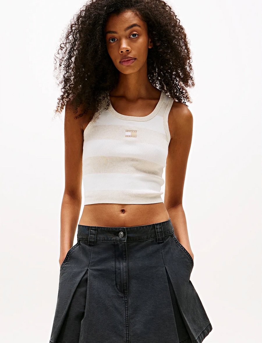 Tommy Jeans - TJW CROP STRIPE TANK - sleeveless tops - oatmeal htr stripe - 0