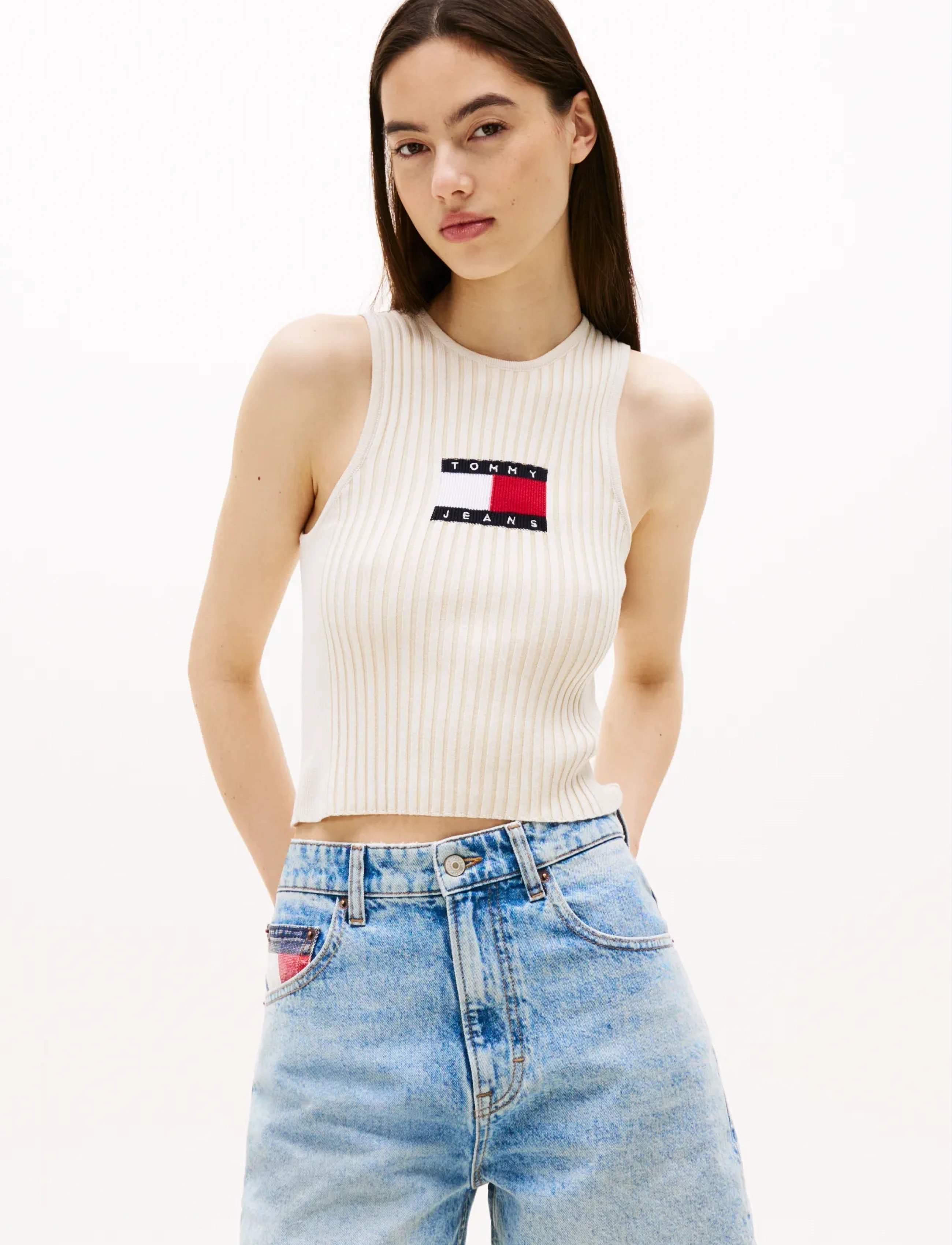Tommy Jeans TJW RIB RACER TANK - Riided - ECRU / cream