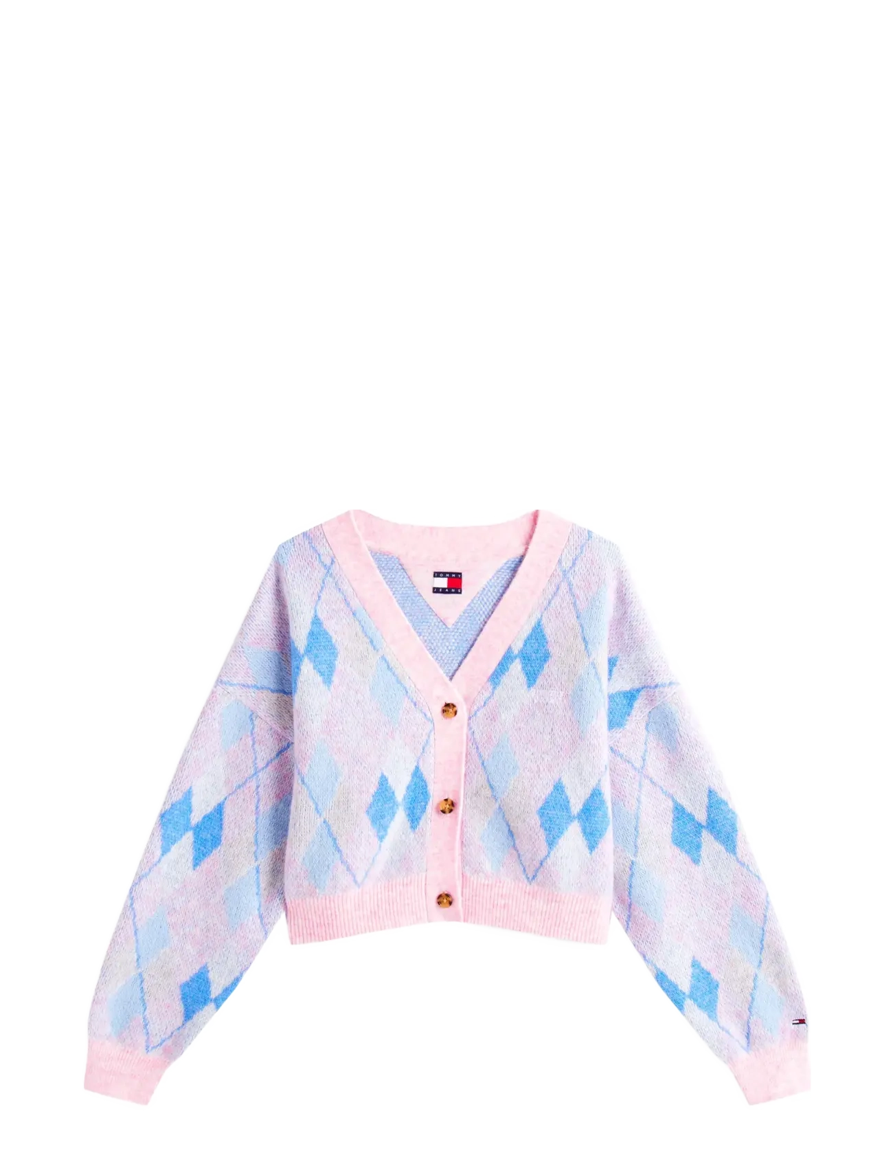 Tommy Jeans TJW CROP ARGYLE CARDIGAN - Strik - CARNIVAL PINK / MULTI / multi