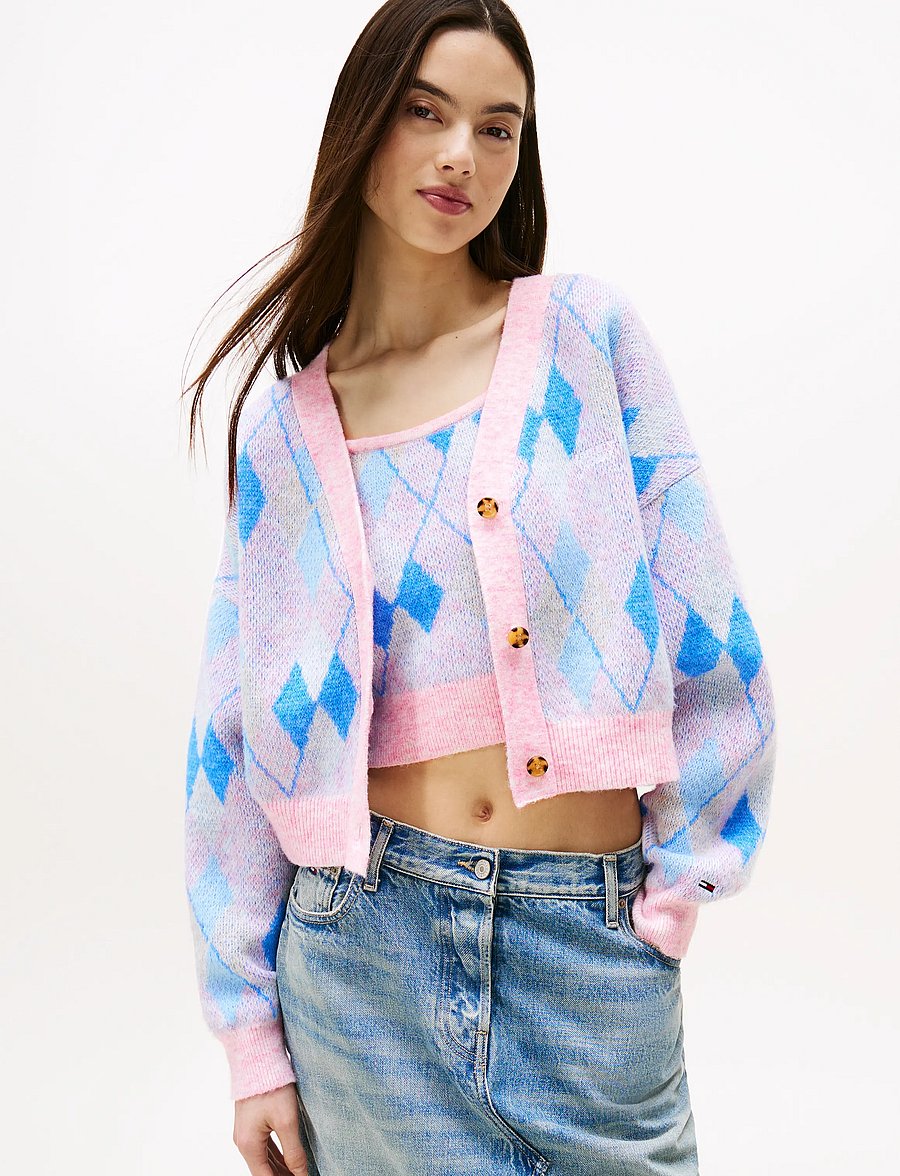 Tommy Jeans - TJW CROP ARGYLE CARDIGAN - kardigani - carnival pink / multi - 0