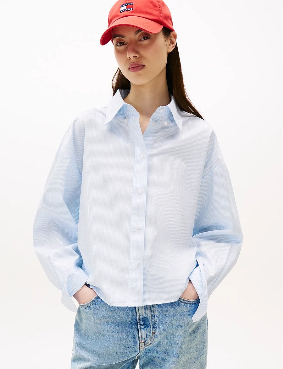 Tommy Jeans - TJW REG CROP STRIPE POPLIN SHIRT - pitkähihaiset kauluspaidat - light powdery blue stripe - 0
