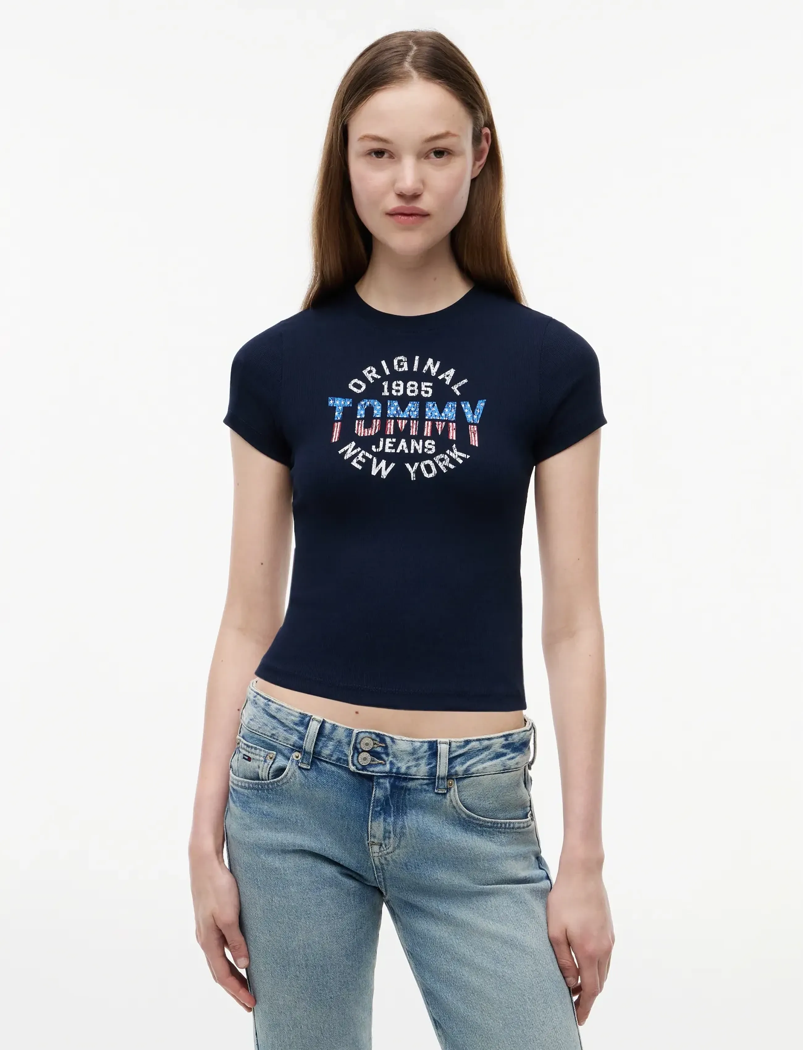 Tommy Jeans TJW SLIM SH TOMMY NY RIB TEE - Tommy Hilfiger - DARK BLUE / navy