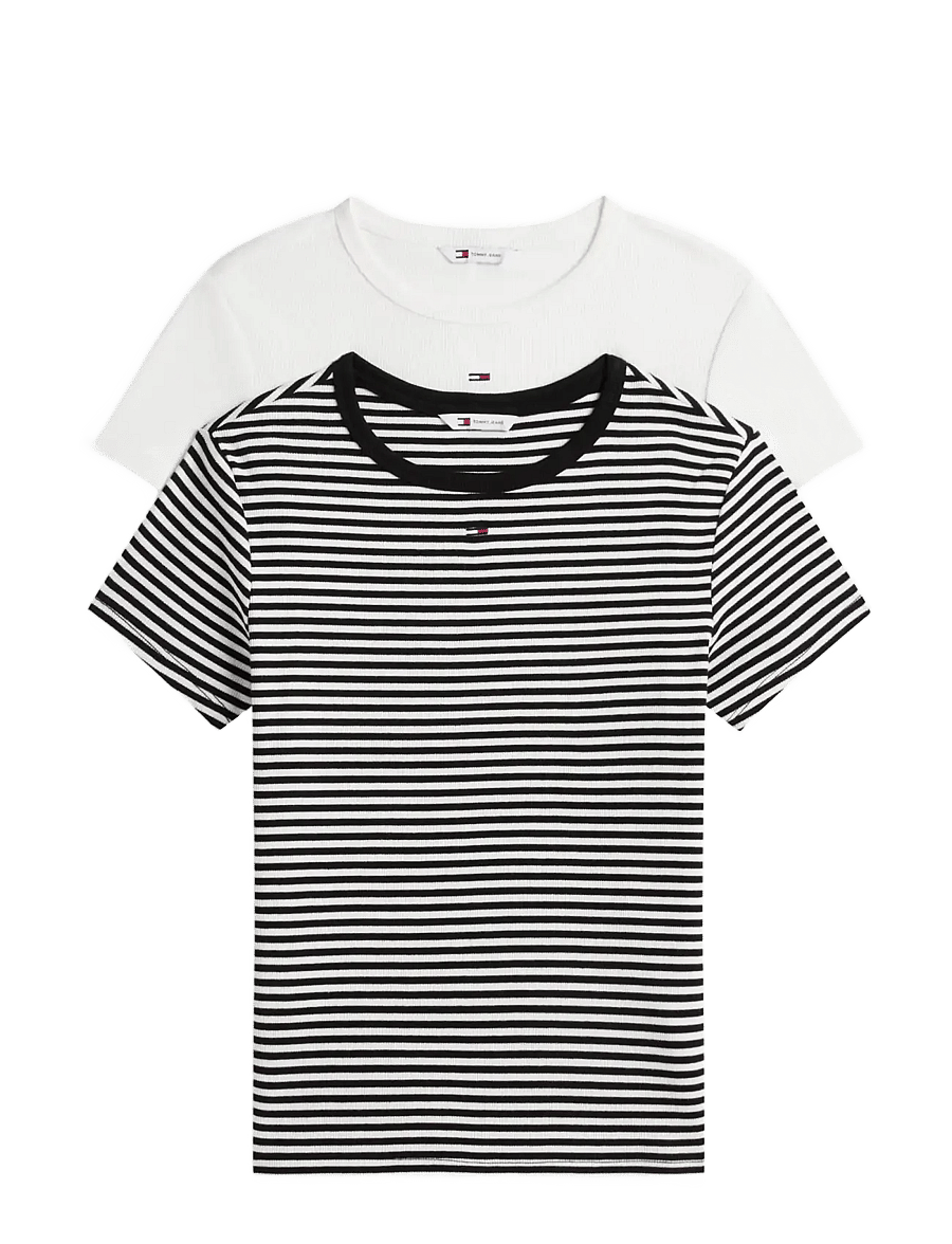 Tommy Jeans - TJW 2PACK SLIM ESSENTIAL RIB SS - t-shirts - ecru black white stripe - 1