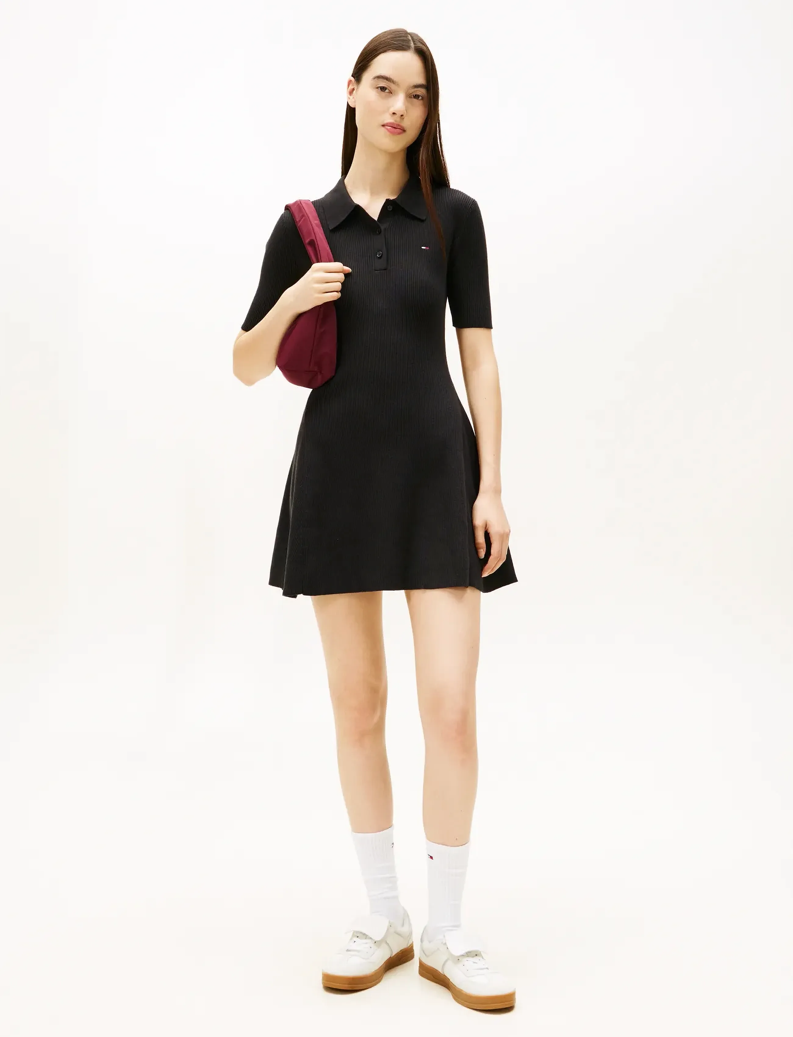 Tommy Jeans Tjw F&F Sweater Polo Mini Dress, Kvinder, Sweater Polo Minikjole, Sort, Str: L